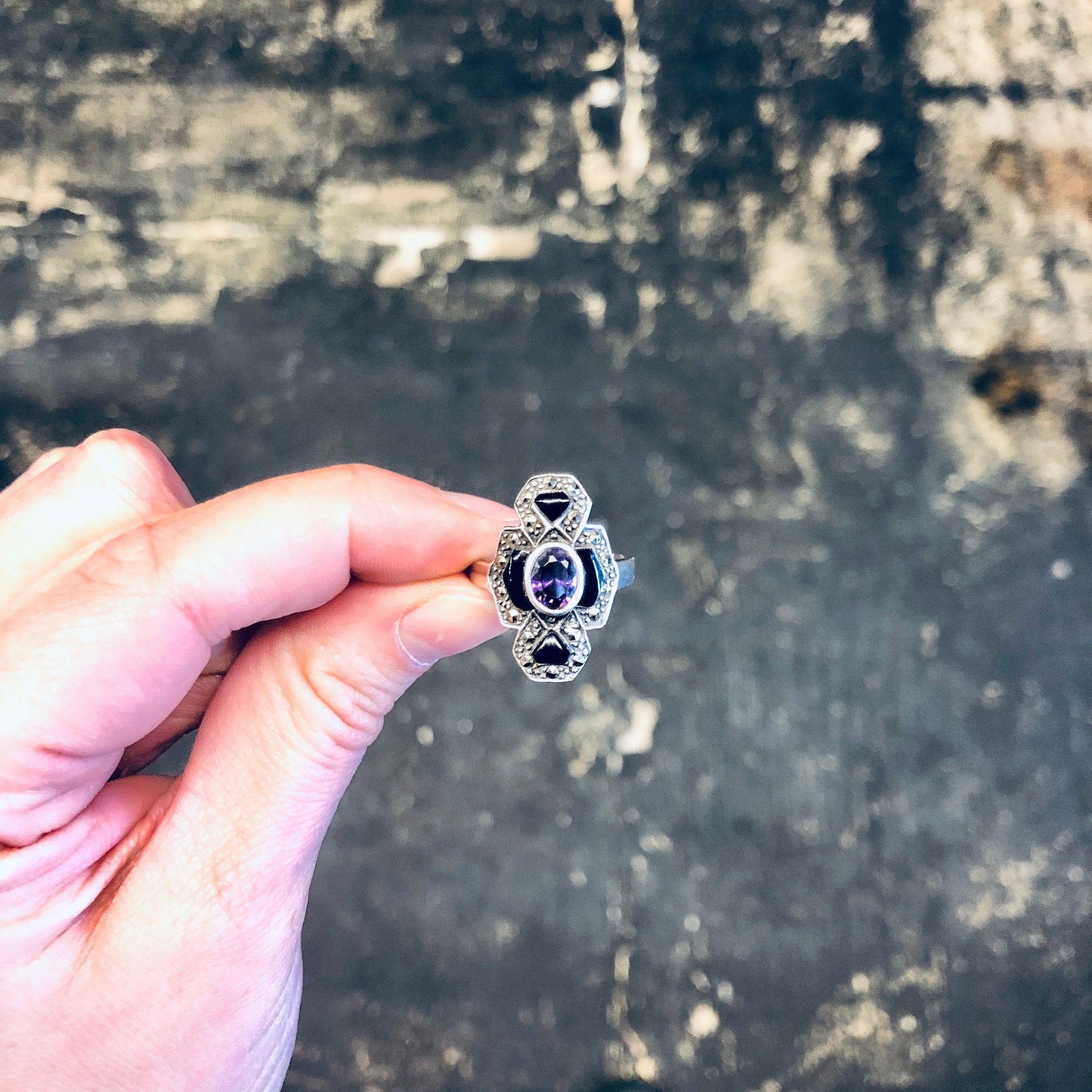 Vintage Silver Ring, Amethyst Ring, Black Onyx Ring, Marcasite Jewelry, Vintage Jewelry, Statement Jewelry, Purple Jewelry, Black, Silver