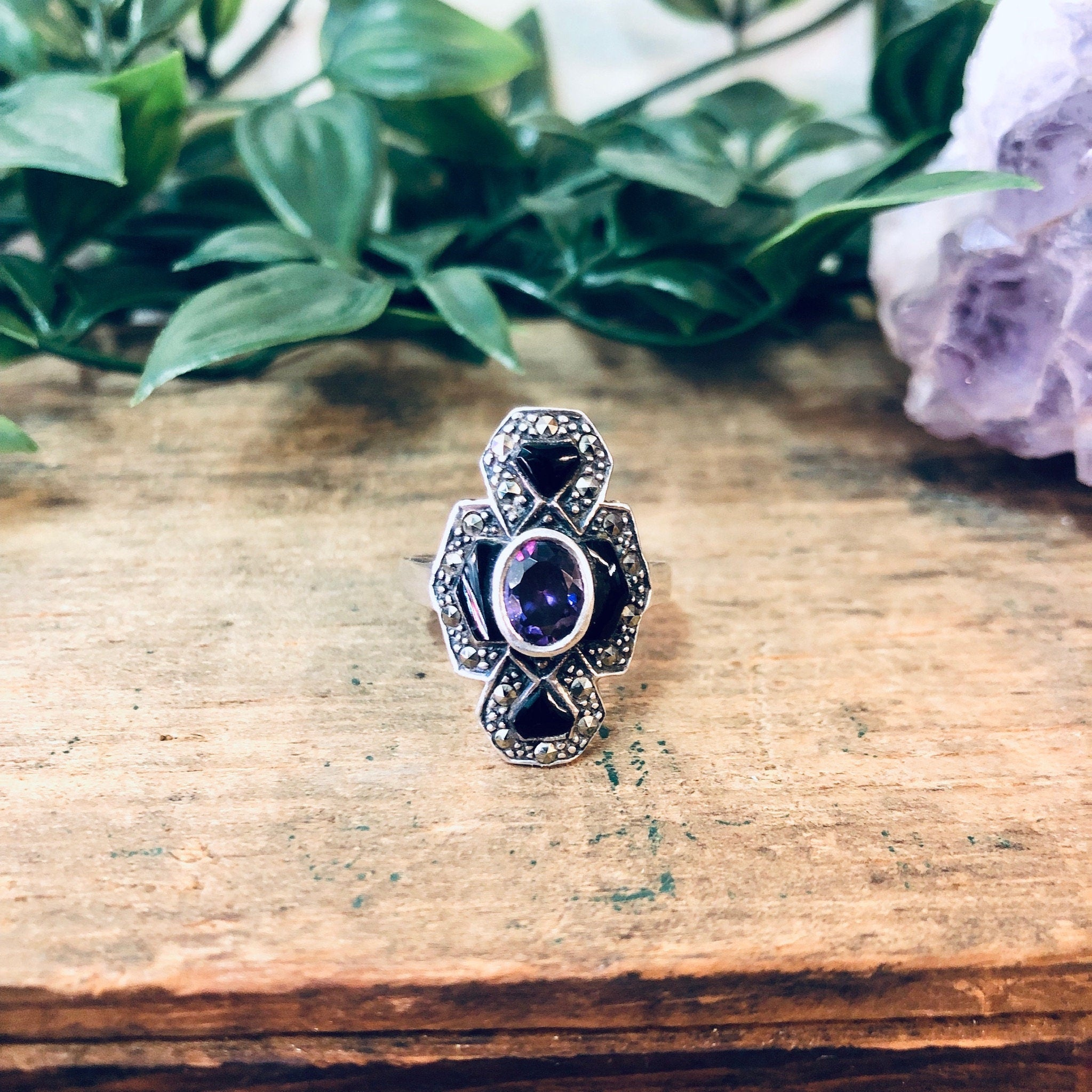 Vintage Silver Ring, Amethyst Ring, Black Onyx Ring, Marcasite Jewelry, Vintage Jewelry, Statement Jewelry, Purple Jewelry, Black, Silver