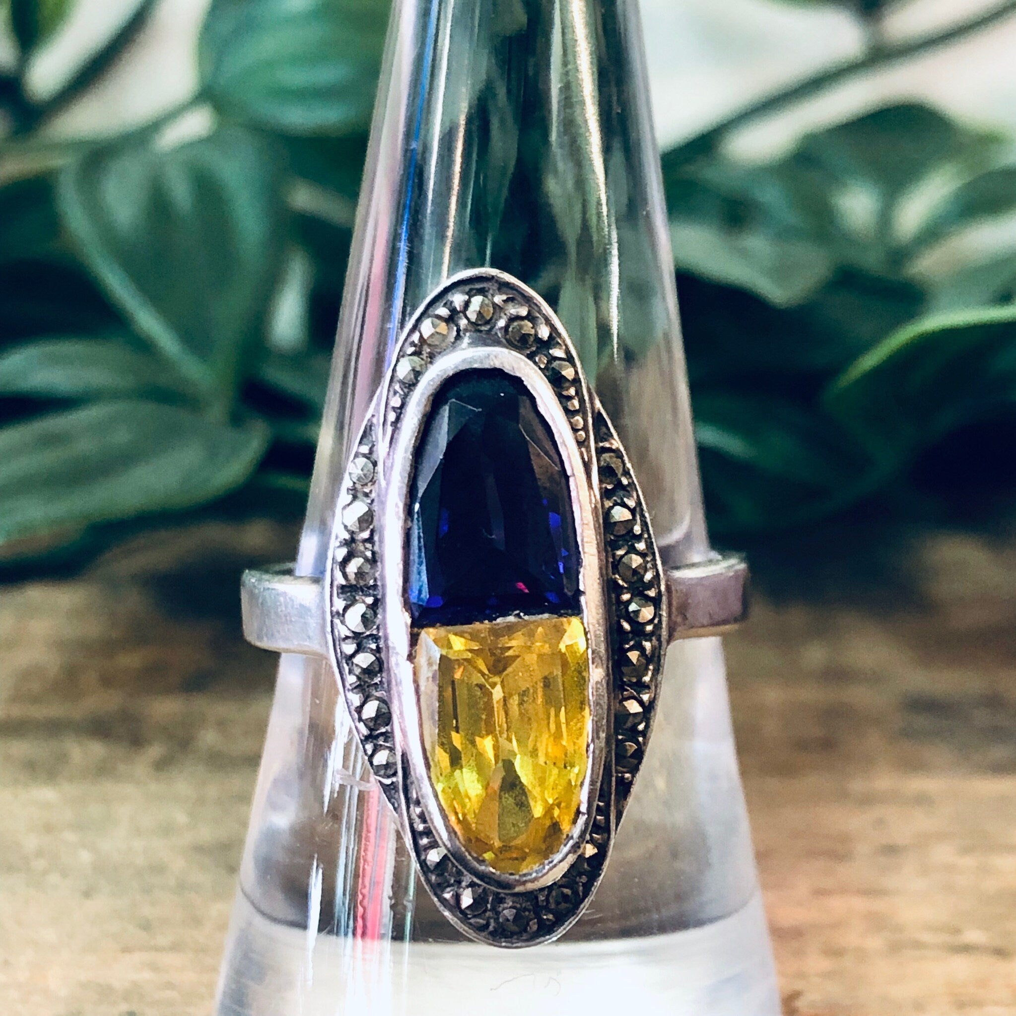 Vintage Silver Ring, Vintage Jewelry, Purple Gemstone, Yellow Gemstone, Marcasite Jewelry, Unique Ring, Statement Jewelry, Oval Shaped Ring