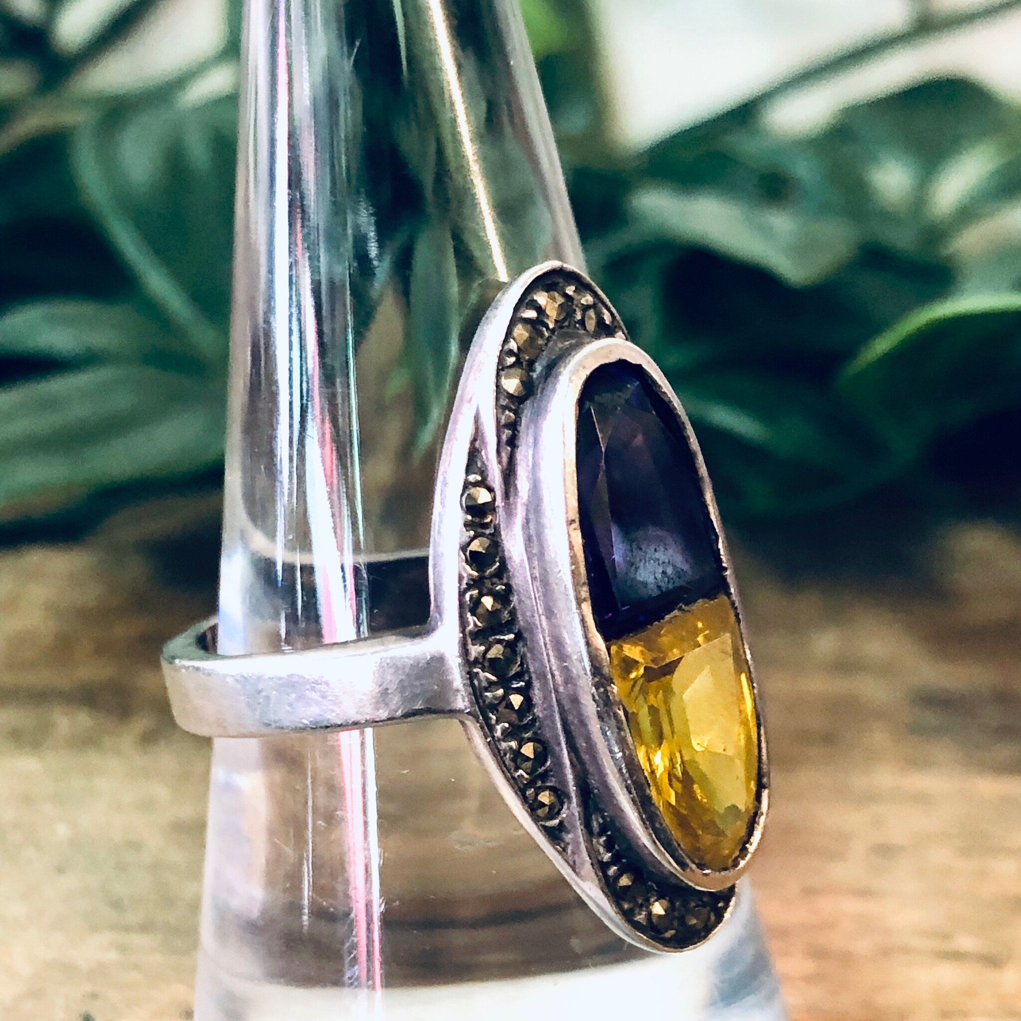 Vintage Silver Ring, Vintage Jewelry, Purple Gemstone, Yellow Gemstone, Marcasite Jewelry, Unique Ring, Statement Jewelry, Oval Shaped Ring