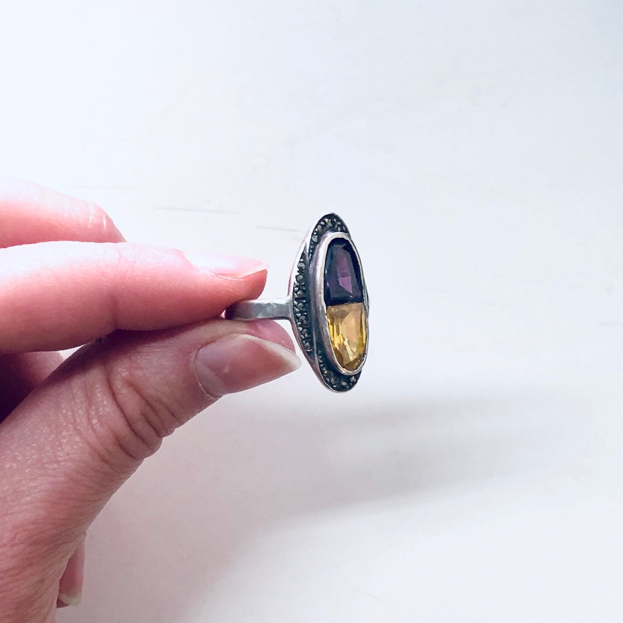 Vintage Silver Ring, Vintage Jewelry, Purple Gemstone, Yellow Gemstone, Marcasite Jewelry, Unique Ring, Statement Jewelry, Oval Shaped Ring