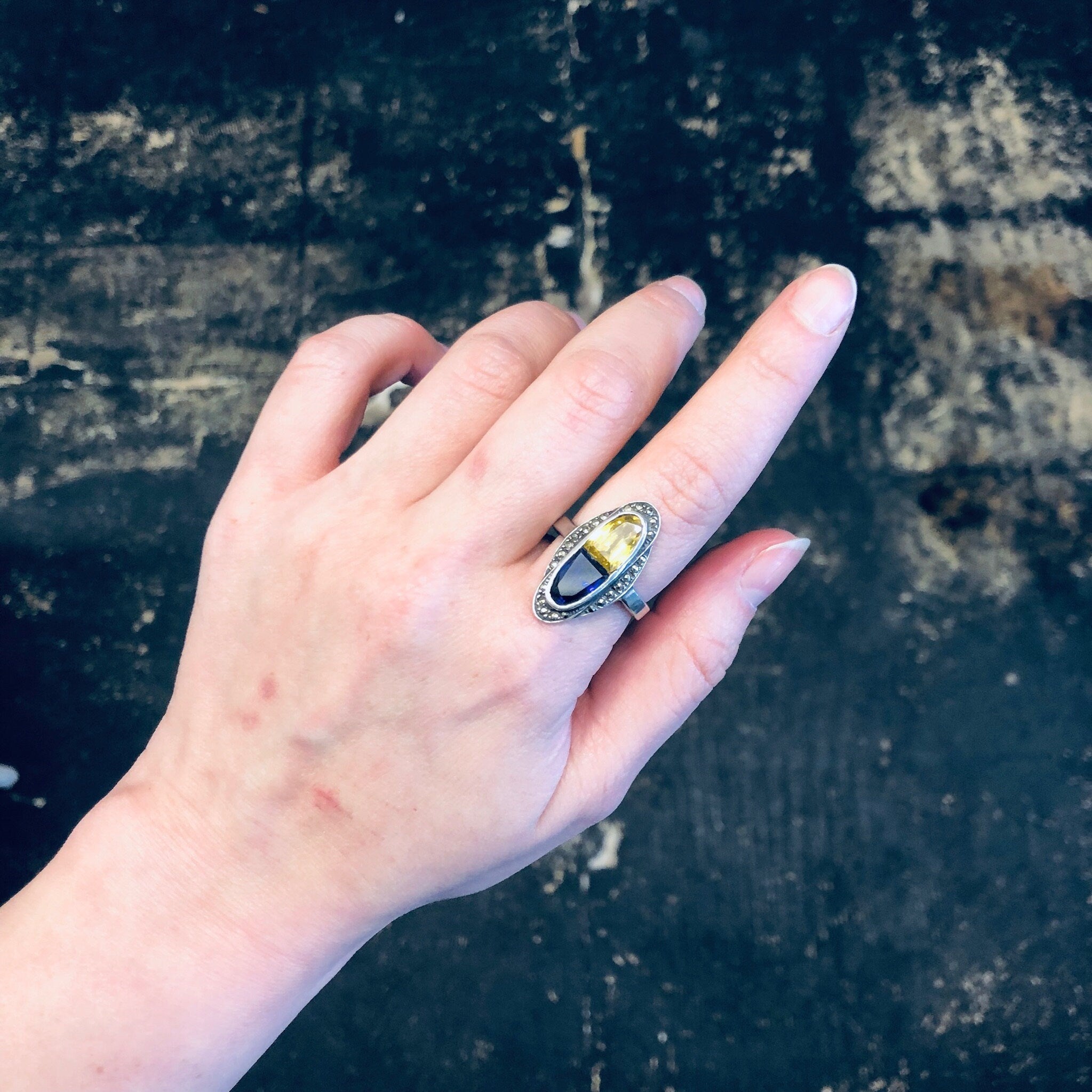 Vintage Silver Ring, Vintage Jewelry, Purple Gemstone, Yellow Gemstone, Marcasite Jewelry, Unique Ring, Statement Jewelry, Oval Shaped Ring