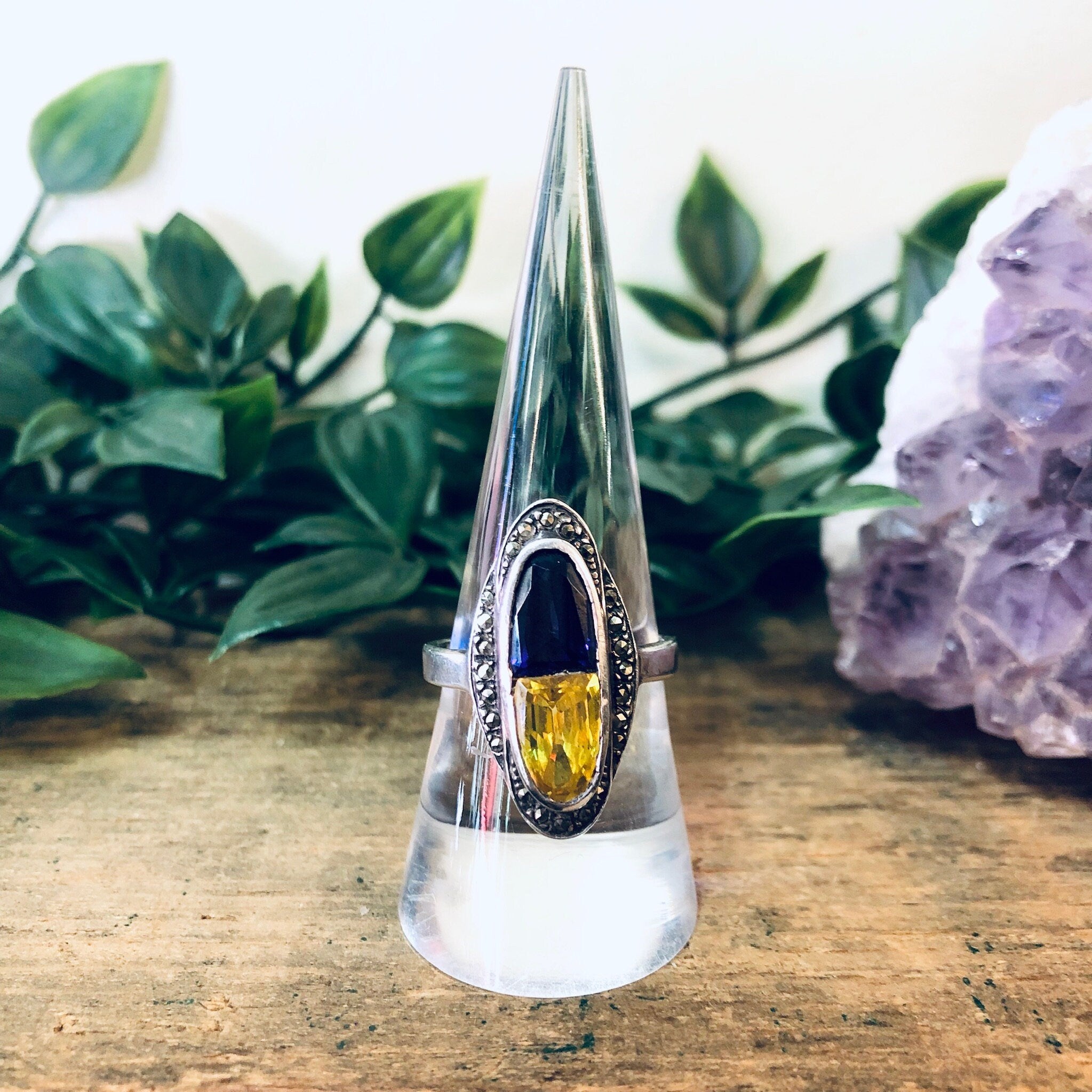 Vintage Silver Ring, Vintage Jewelry, Purple Gemstone, Yellow Gemstone, Marcasite Jewelry, Unique Ring, Statement Jewelry, Oval Shaped Ring