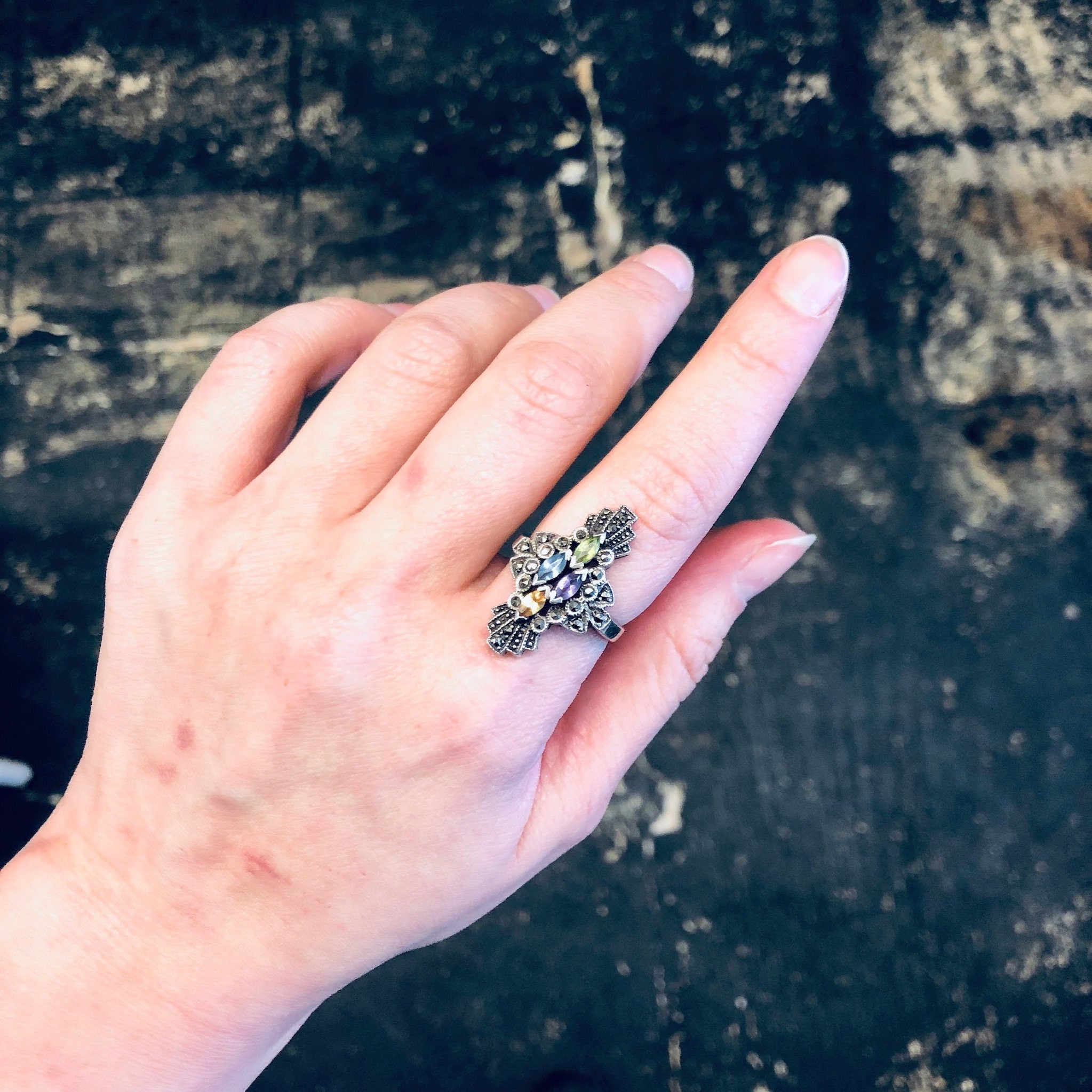 Vintage Silver Ring, Art Deco Jewelry, Art Deco Style, Multi Stone Ring, Large Ring, Statement Jewelry, Colorful Jewelry, Vintage Jewelry