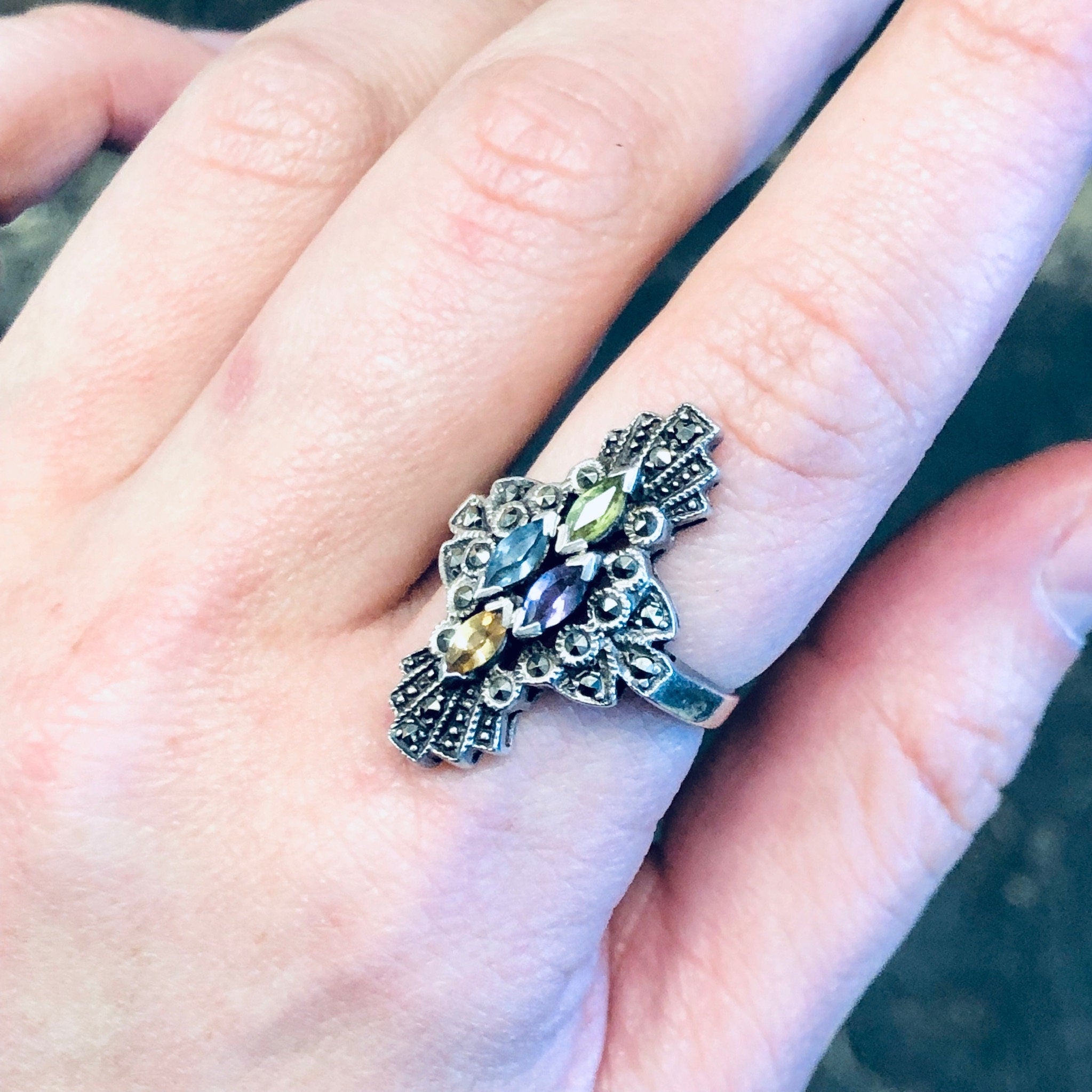 Vintage Silver Ring, Art Deco Jewelry, Art Deco Style, Multi Stone Ring, Large Ring, Statement Jewelry, Colorful Jewelry, Vintage Jewelry