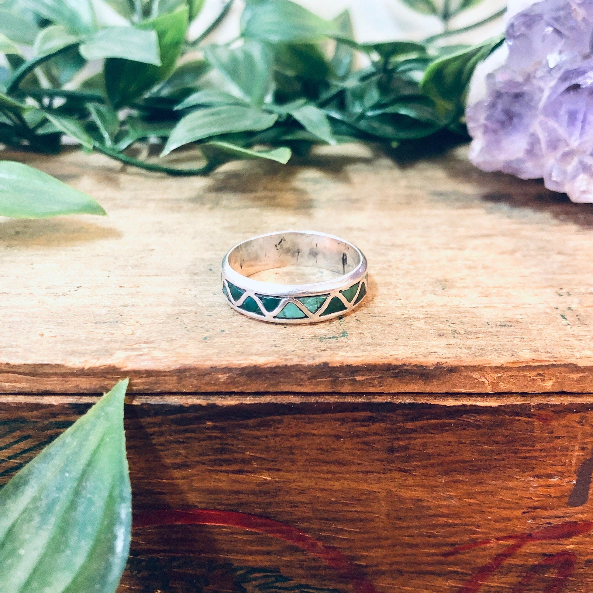 Vintage Silver Ring, Inlaid Stone Ring, Green Stone, Blue Stone, Malachite Jewelry, Vintage Jewelry, Thin Band Ring, Green and Silver, 925