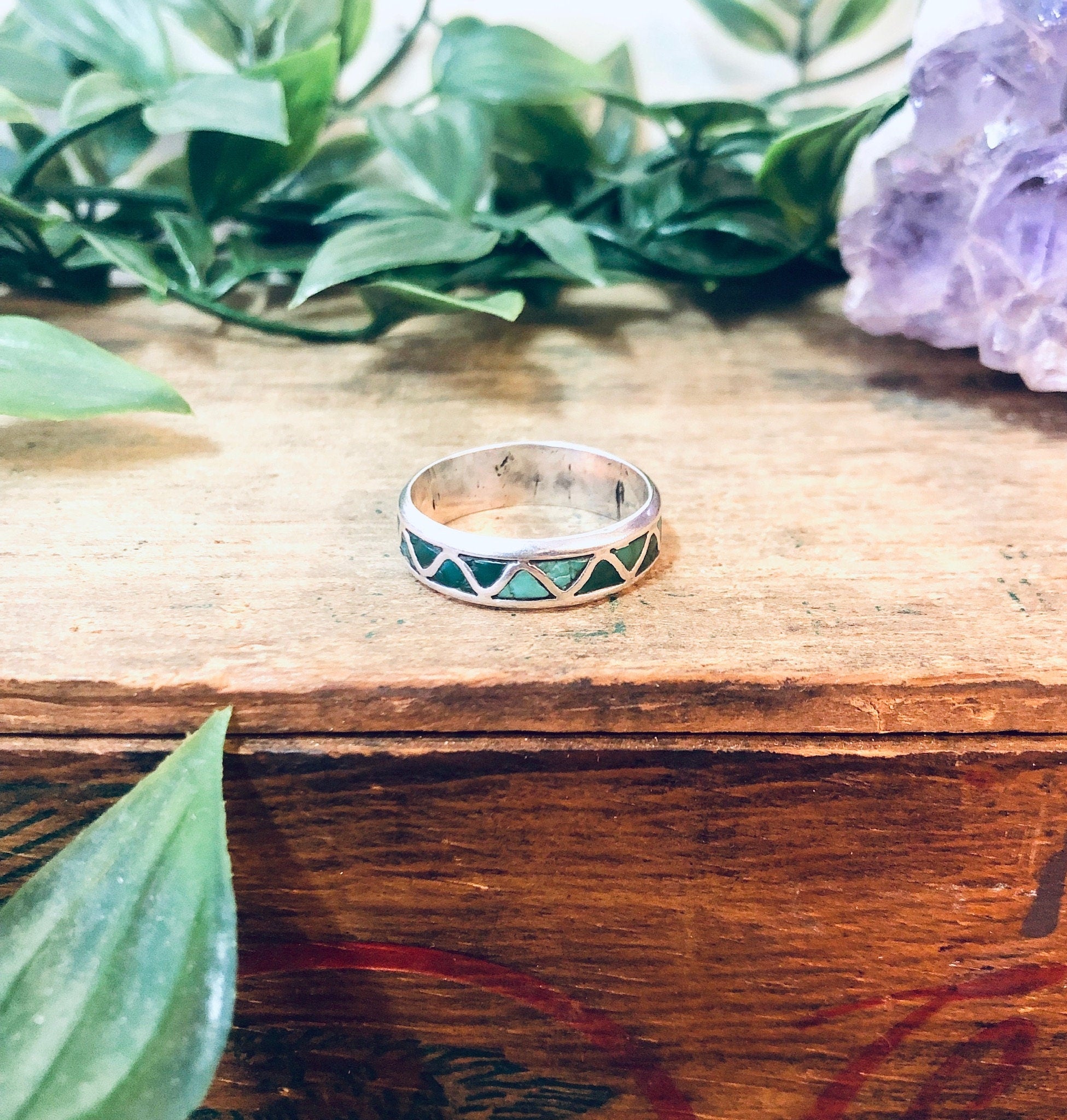 Vintage Silver Ring, Inlaid Stone Ring, Green Stone, Blue Stone, Malachite Jewelry, Vintage Jewelry, Thin Band Ring, Green and Silver, 925