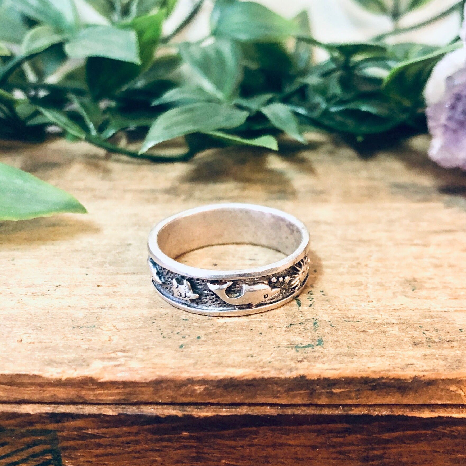 Vintage Silver Ring, Silver Band Ring, Aquatic Ring, Dolphin Ring, Sun Jewelry, Ocean Jewelry, Vintage Jewelry, Thumb Ring, Skinny Band Ring