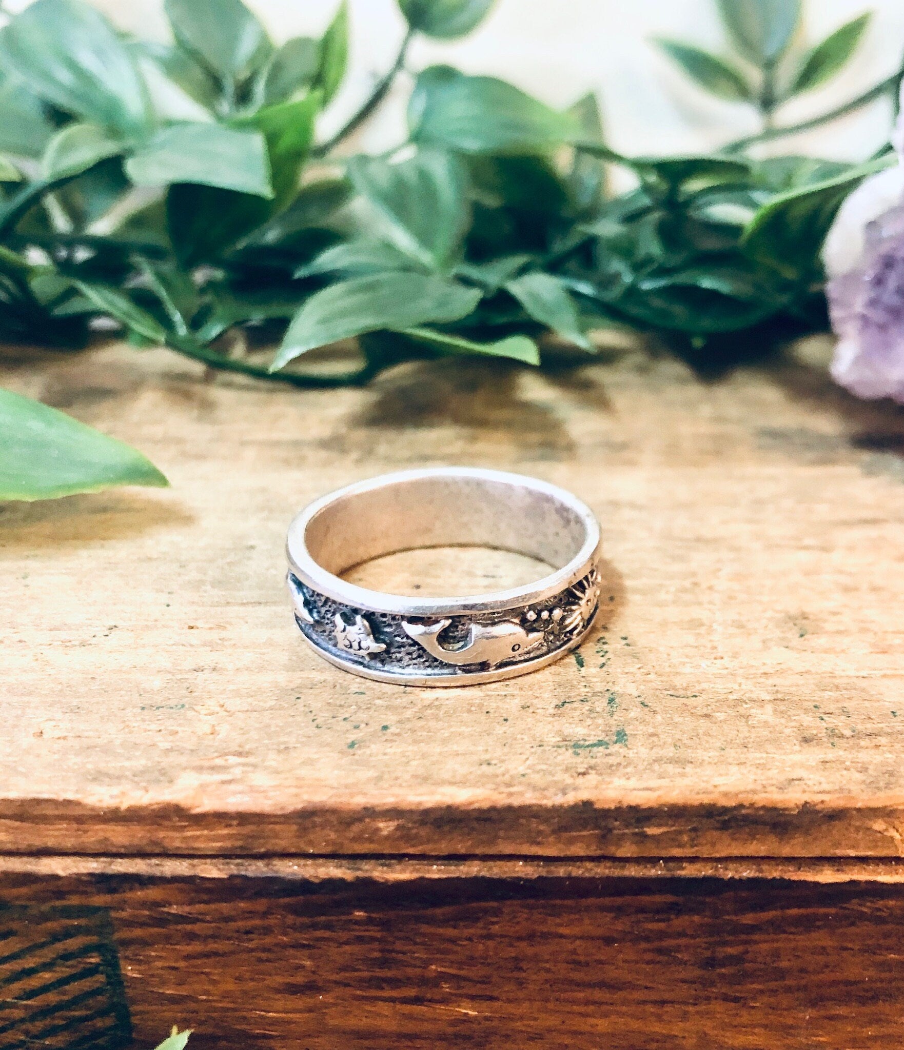 Vintage Silver Ring, Silver Band Ring, Aquatic Ring, Dolphin Ring, Sun Jewelry, Ocean Jewelry, Vintage Jewelry, Thumb Ring, Skinny Band Ring