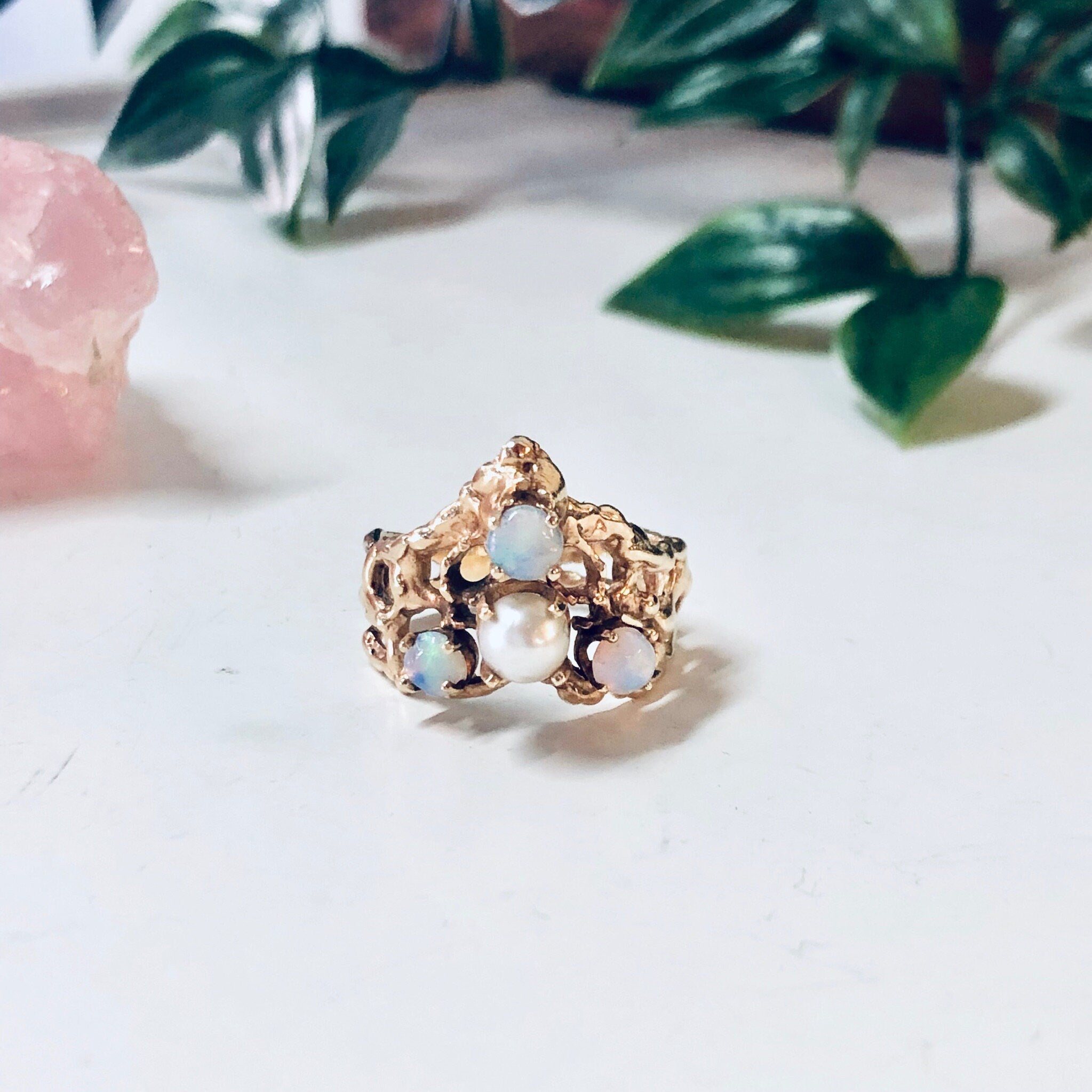 Vintage Gold Ring, 14K Yellow Gold, Opal and Pearl Ring, Engagement Ring, Gold Ring, V Shape Ring, Birthstone Ring, Opal, Ring for Wife