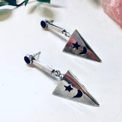 Vintage Earrings, Silver Earrings, Star and Moon, Space Earrings, Blue Lapis Stone, Unique Earrings, Statement Jewelry, Pierced Ears, Blue