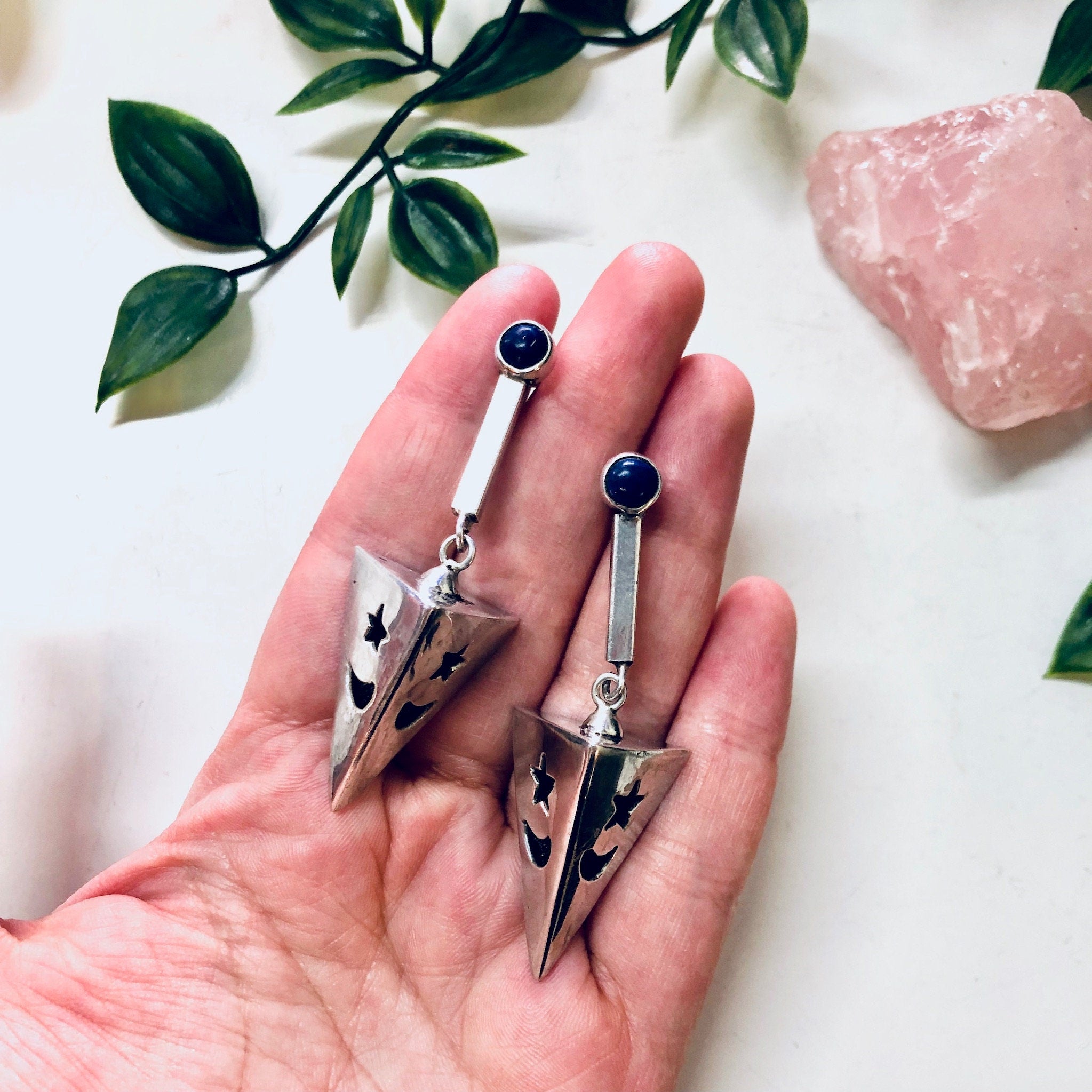 Vintage Earrings, Silver Earrings, Star and Moon, Space Earrings, Blue Lapis Stone, Unique Earrings, Statement Jewelry, Pierced Ears, Blue