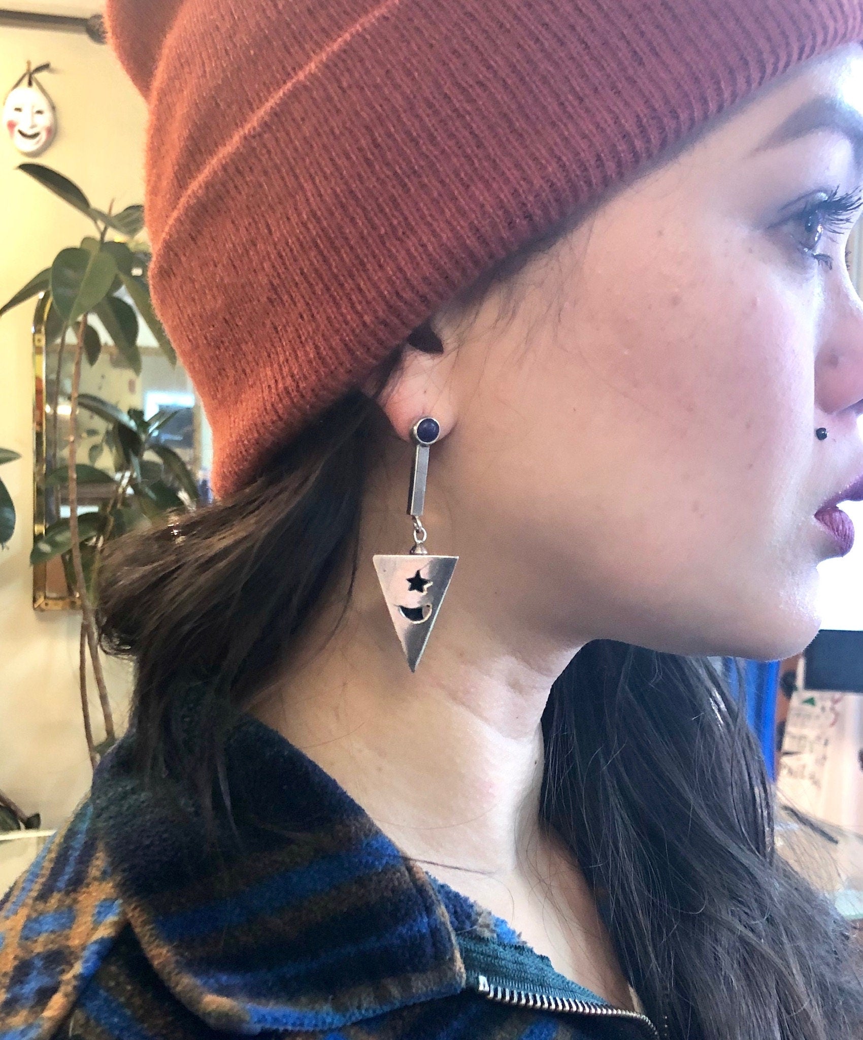Vintage Earrings, Silver Earrings, Star and Moon, Space Earrings, Blue Lapis Stone, Unique Earrings, Statement Jewelry, Pierced Ears, Blue