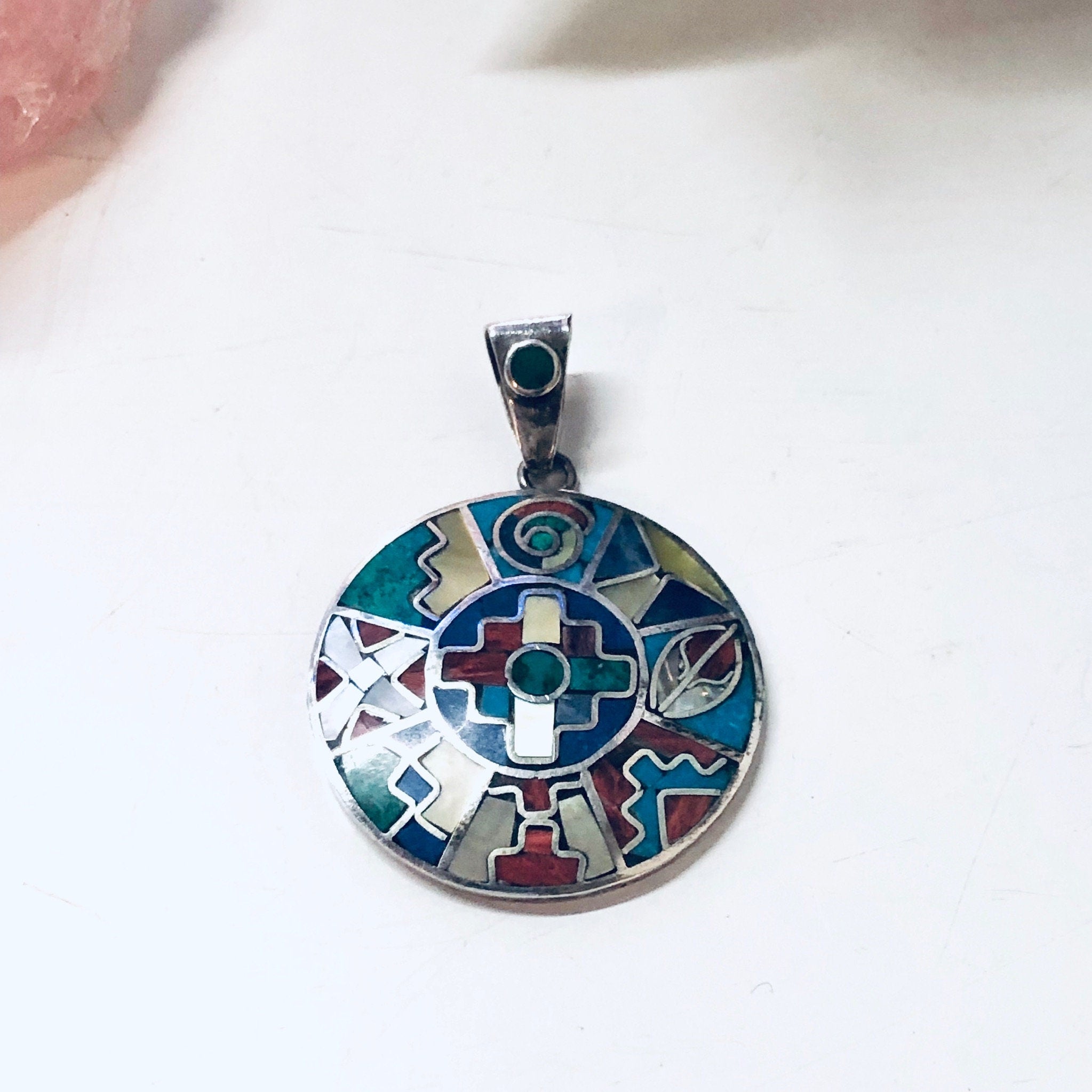 Vintage Silver Pendant, Inlaid Stones, Natural Stones, Pendant Necklace, Vintage Necklace, Round Pendant, Blue Lapis, Malachite Jewelry,