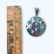 Vintage Silver Pendant, Inlaid Stones, Natural Stones, Pendant Necklace, Vintage Necklace, Round Pendant, Blue Lapis, Malachite Jewelry,