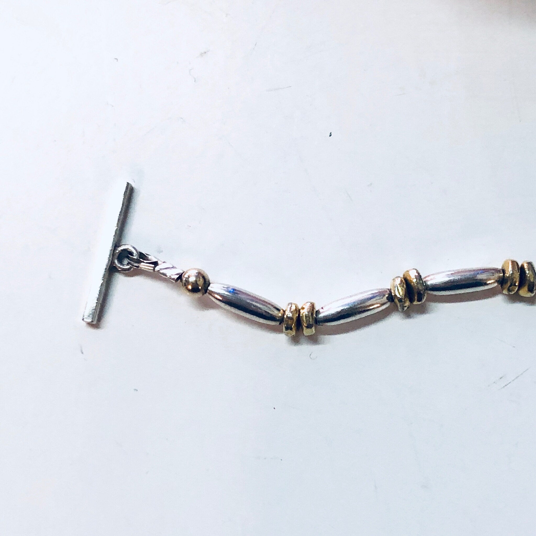Vintage Silver Bracelet, Link Bracelet, Beaded Bracelet, Silver Beads, Gold Accents, Vintage Jewelry, Toggle Bracelet, Unique Jewelry, 925