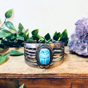 Vintage Cuff Bracelet, Scarab Bracelet, Scarab Jewelry, Blue Scarab, Costume Jewelry, Statement Jewelry, Large Cuff, Silver Toned Jewelry,