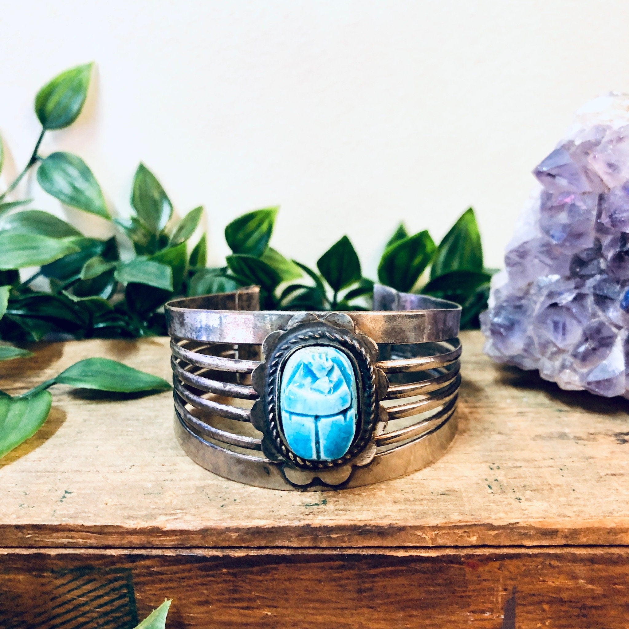 Vintage Cuff Bracelet, Scarab Bracelet, Scarab Jewelry, Blue Scarab, Costume Jewelry, Statement Jewelry, Large Cuff, Silver Toned Jewelry,