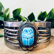 Vintage Cuff Bracelet, Scarab Bracelet, Scarab Jewelry, Blue Scarab, Costume Jewelry, Statement Jewelry, Large Cuff, Silver Toned Jewelry,