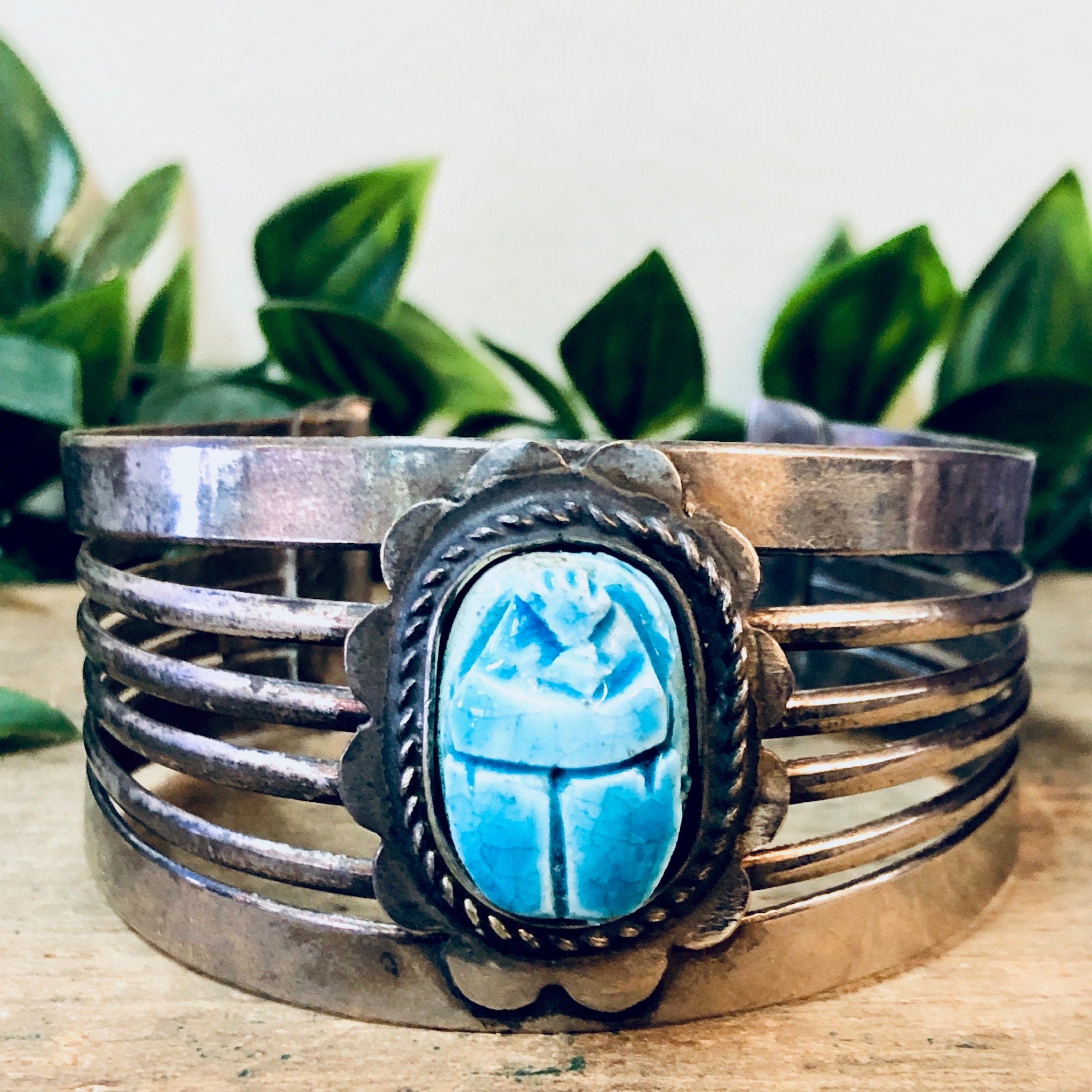 Vintage Cuff Bracelet, Scarab Bracelet, Scarab Jewelry, Blue Scarab, Costume Jewelry, Statement Jewelry, Large Cuff, Silver Toned Jewelry,