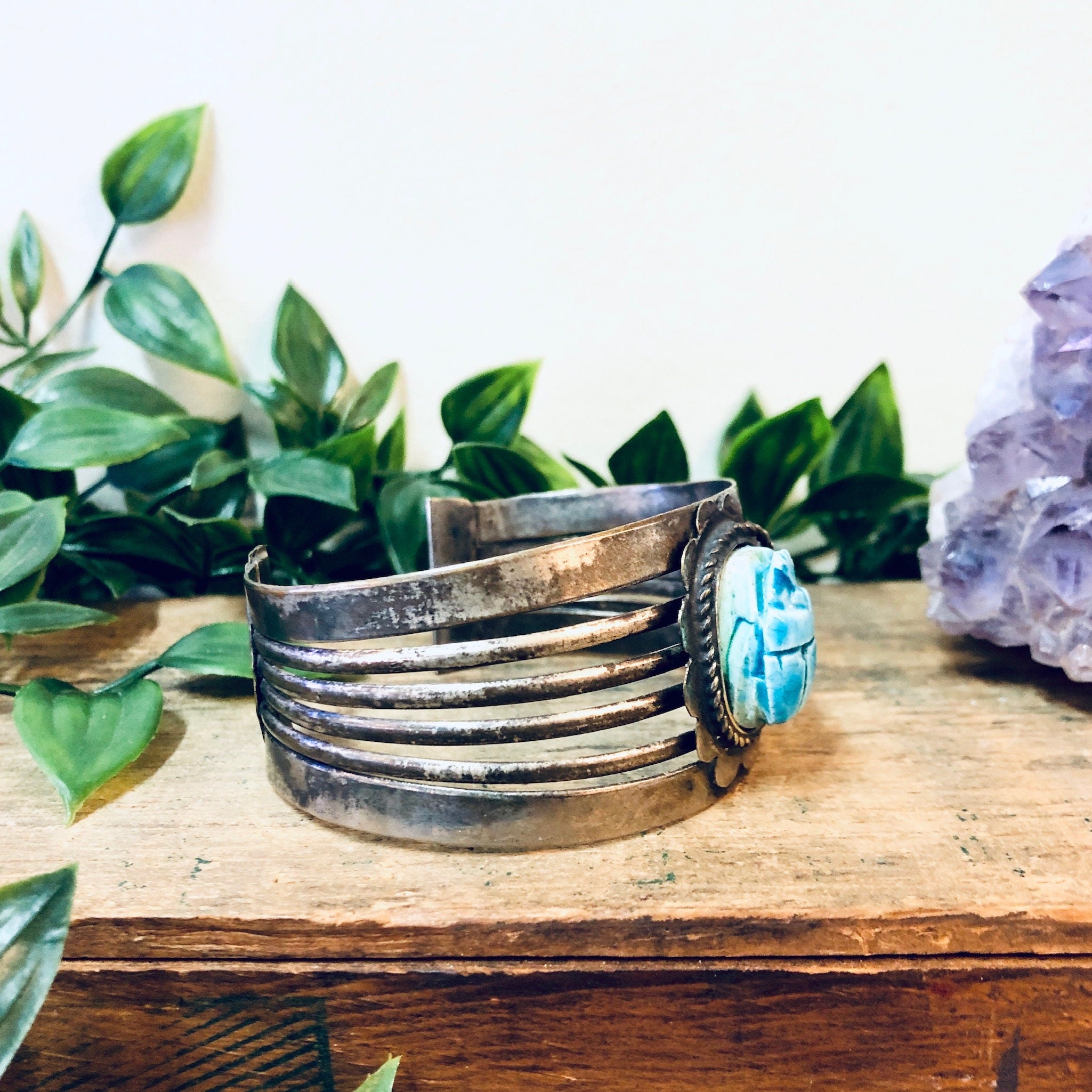 Vintage Cuff Bracelet, Scarab Bracelet, Scarab Jewelry, Blue Scarab, Costume Jewelry, Statement Jewelry, Large Cuff, Silver Toned Jewelry,