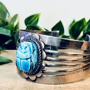 Vintage Cuff Bracelet, Scarab Bracelet, Scarab Jewelry, Blue Scarab, Costume Jewelry, Statement Jewelry, Large Cuff, Silver Toned Jewelry,