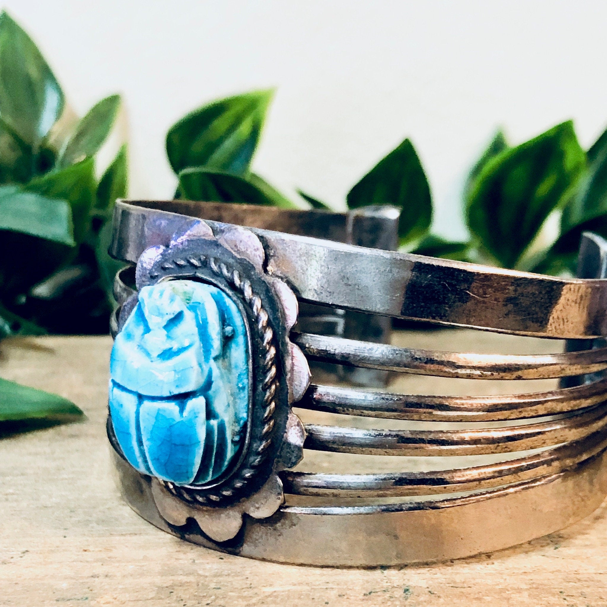 Vintage Cuff Bracelet, Scarab Bracelet, Scarab Jewelry, Blue Scarab, Costume Jewelry, Statement Jewelry, Large Cuff, Silver Toned Jewelry,