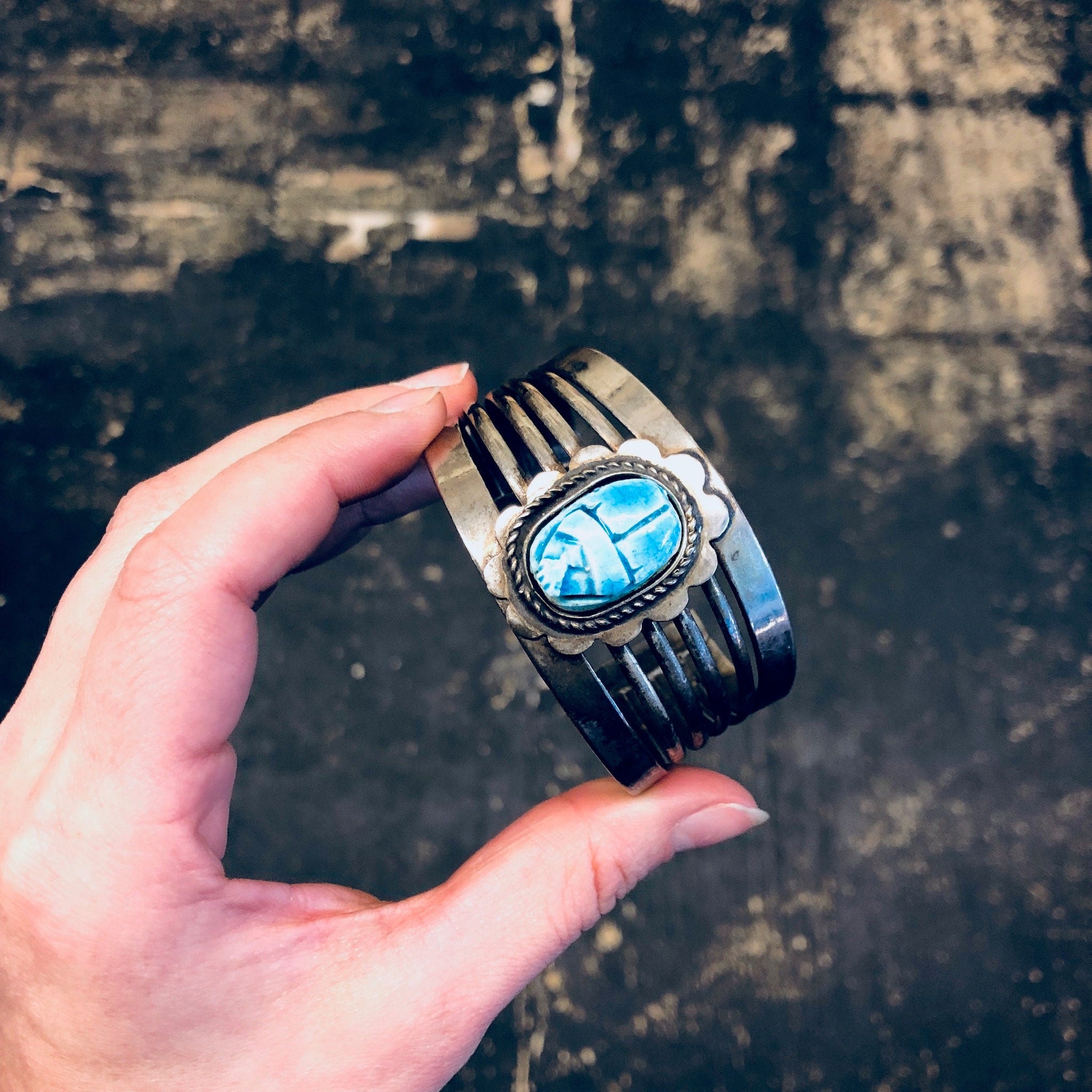 Vintage Cuff Bracelet, Scarab Bracelet, Scarab Jewelry, Blue Scarab, Costume Jewelry, Statement Jewelry, Large Cuff, Silver Toned Jewelry,