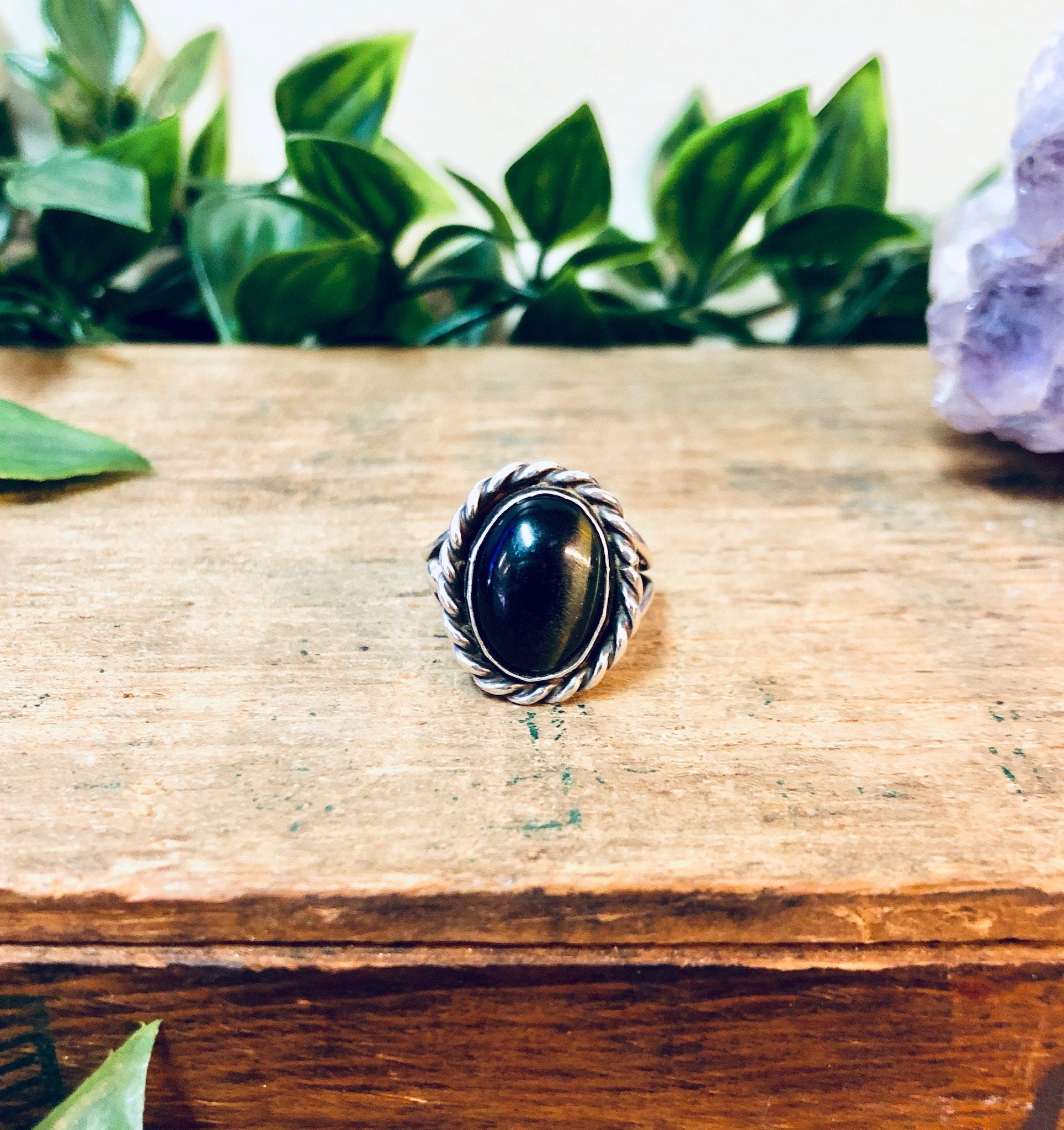 Vintage Silver Ring, Rope Ring, Simple Jewelry, Unique Jewelry, Vintage Jewelry, Tigers Eye, Green Tigers Eye, Small Ring, 925 Ring, Oval