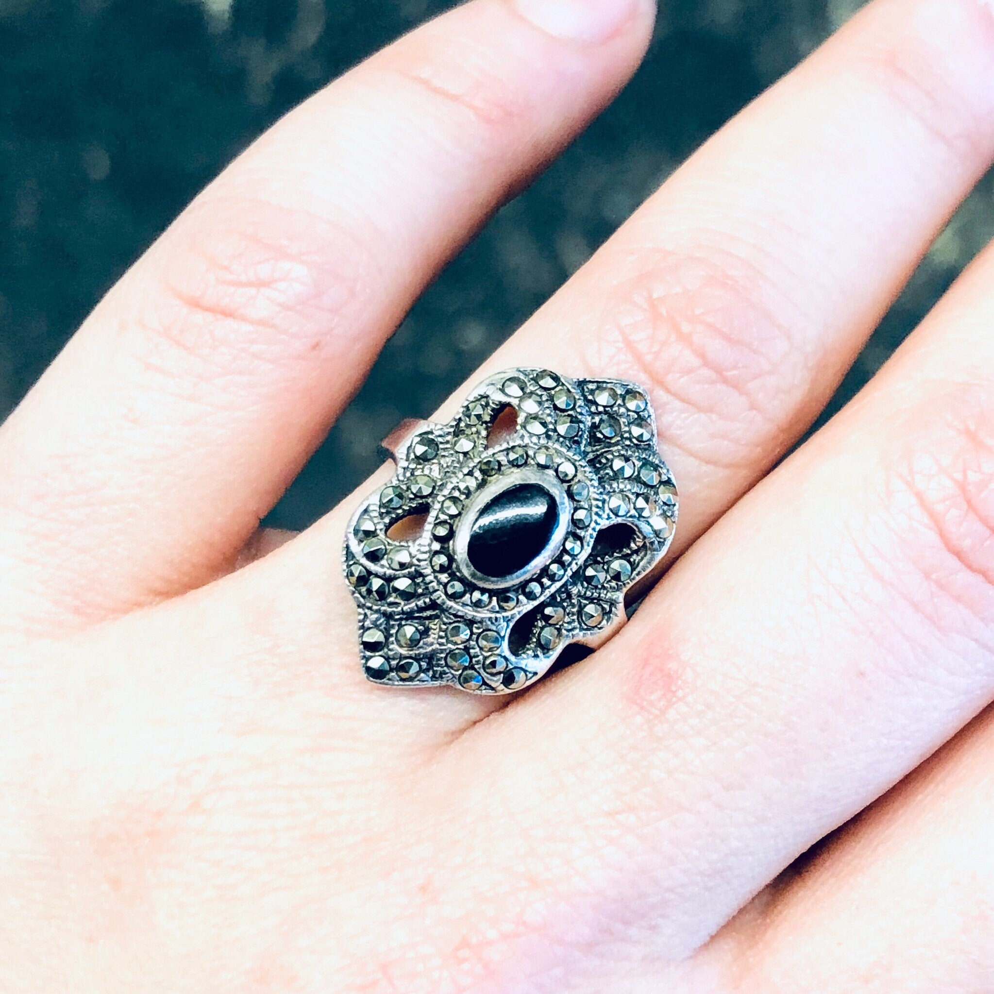 Vintage Silver Ring, Onyx Ring, Marcasite Jewelry, Statement Jewelry, Engagement Ring, Promise Ring, Silver and Black, Vintage Jewelry, 925