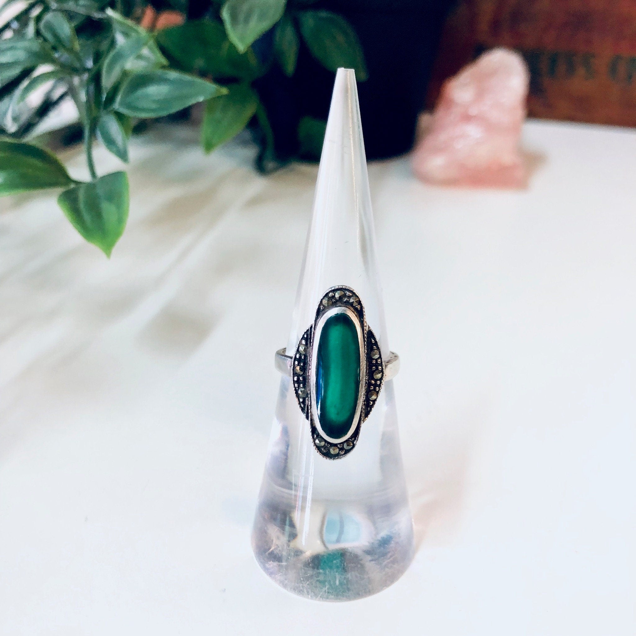 Vintage Silver Ring, Green Ring, Green Enamel Ring, Marcasite Jewelry, Unique Ring, Vintage Jewelry, Statement Ring, Green and Silver, 925
