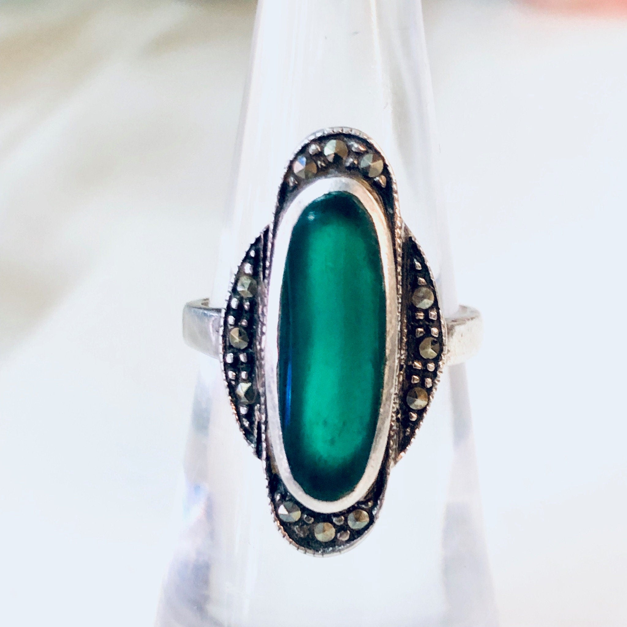 Vintage Silver Ring, Green Ring, Green Enamel Ring, Marcasite Jewelry, Unique Ring, Vintage Jewelry, Statement Ring, Green and Silver, 925