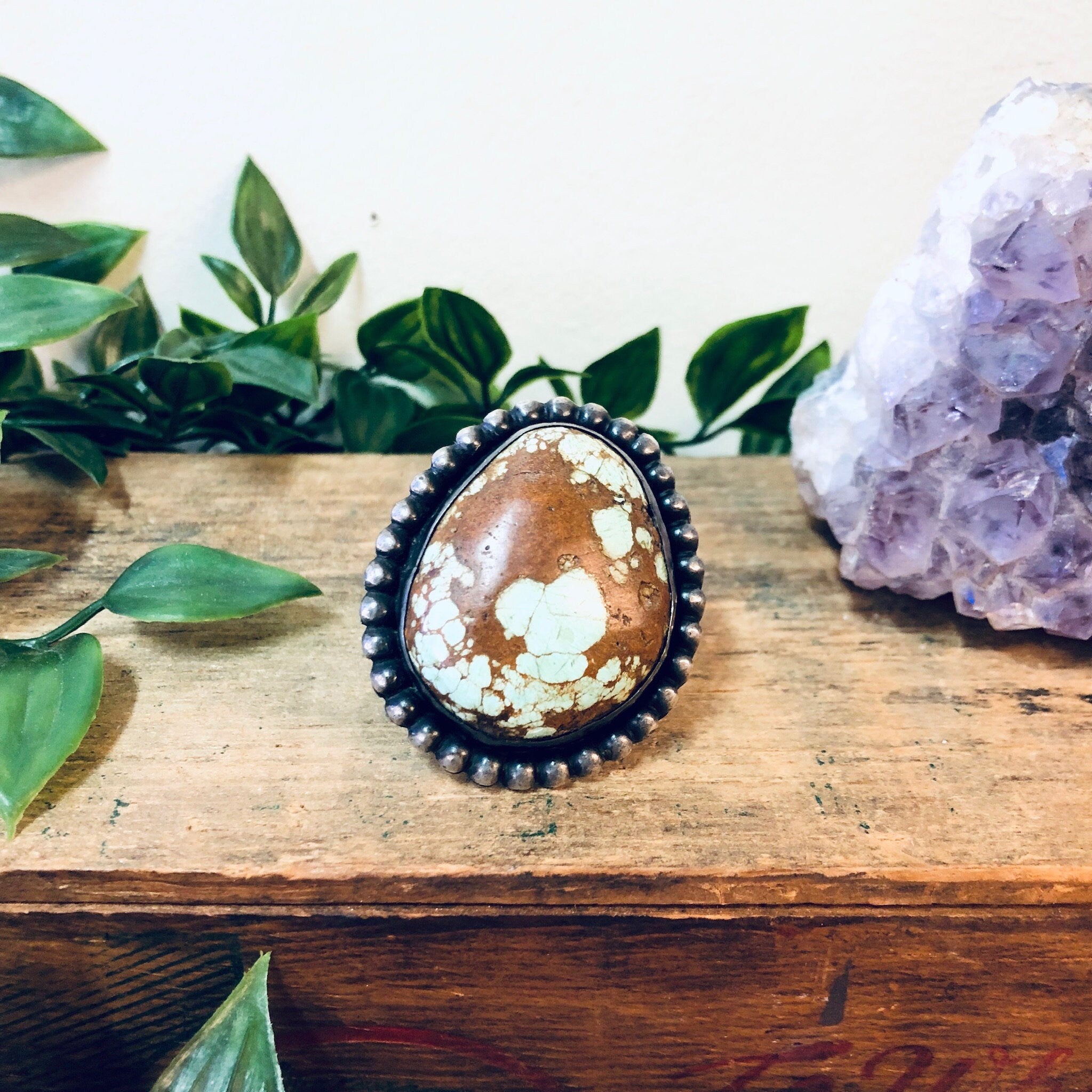 Large Vintage Ring, Southwestern Ring, Turquoise Ring, Large Turquoise Stone, Extra Large Ring, Blue and Brown, Light Blue Ring, Boho Style