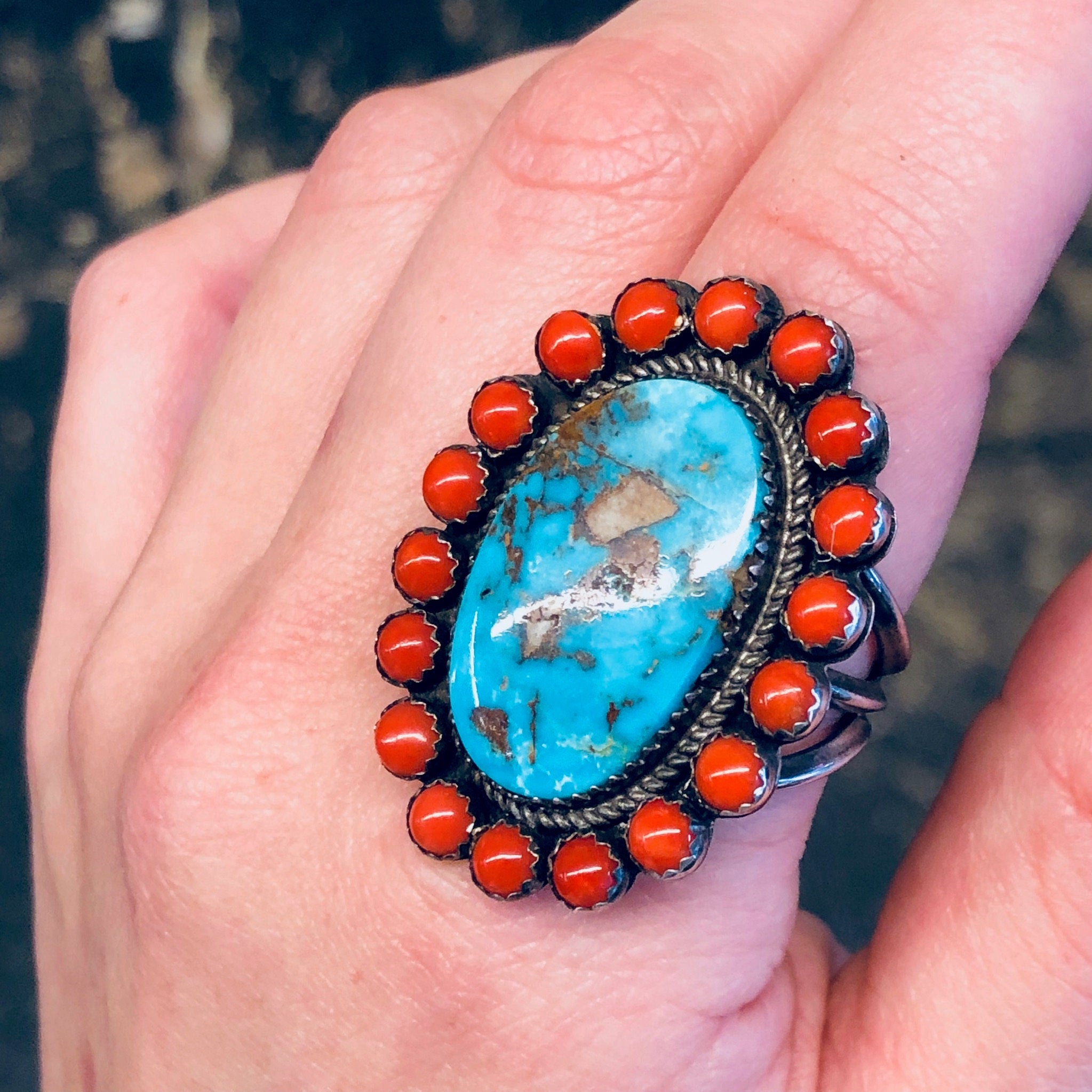 Vintage Navajo Ring, Nelson Burbank Ring, Turquoise Ring, Coral Ring, Statement Jewelry, Southwestern Ring, Blue and Red, 925 Ring, Big Ring
