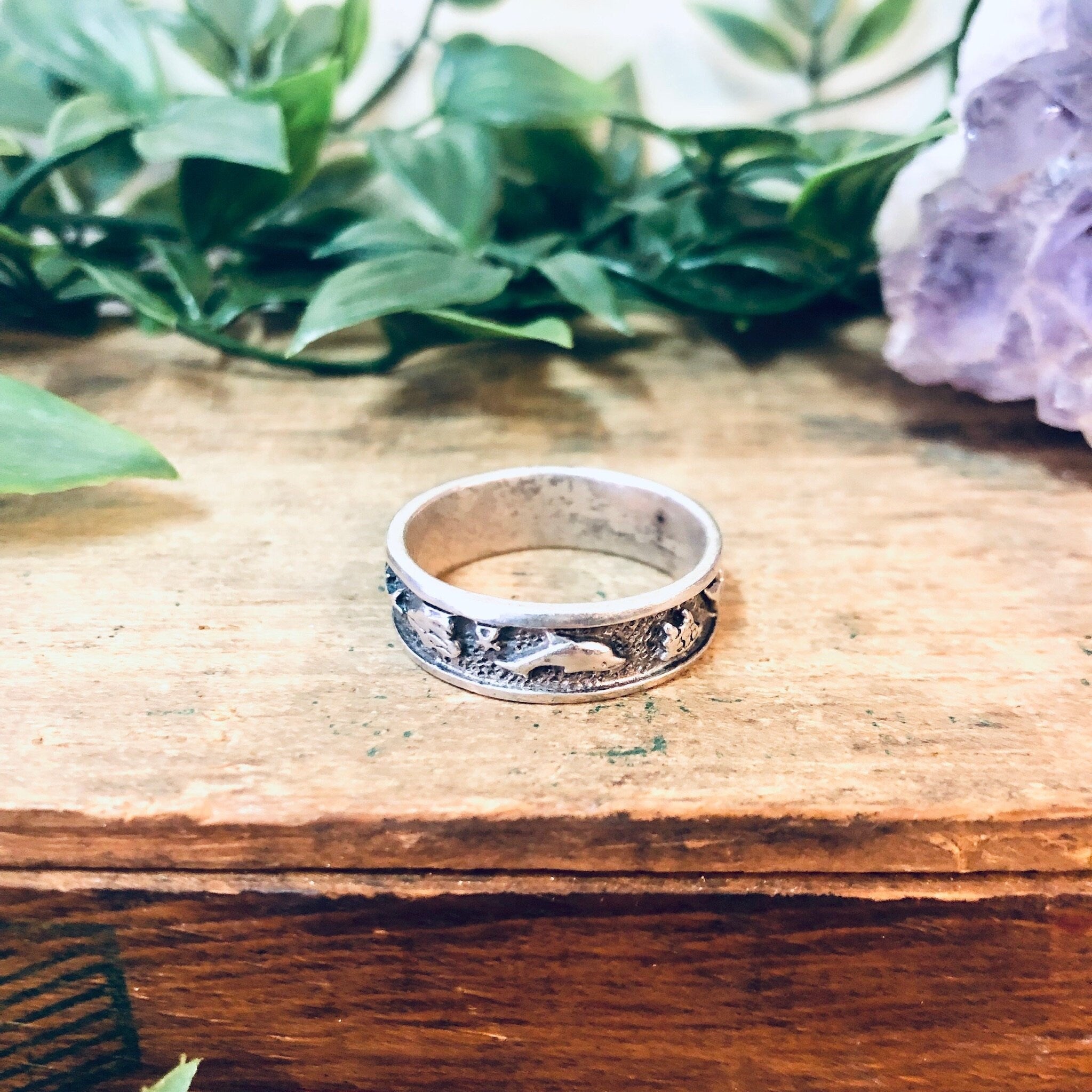 Vintage Silver Ring, Silver Band Ring, Aquatic Ring, Dolphin Ring, Sun Jewelry, Ocean Jewelry, Vintage Jewelry, Thumb Ring, Skinny Band Ring
