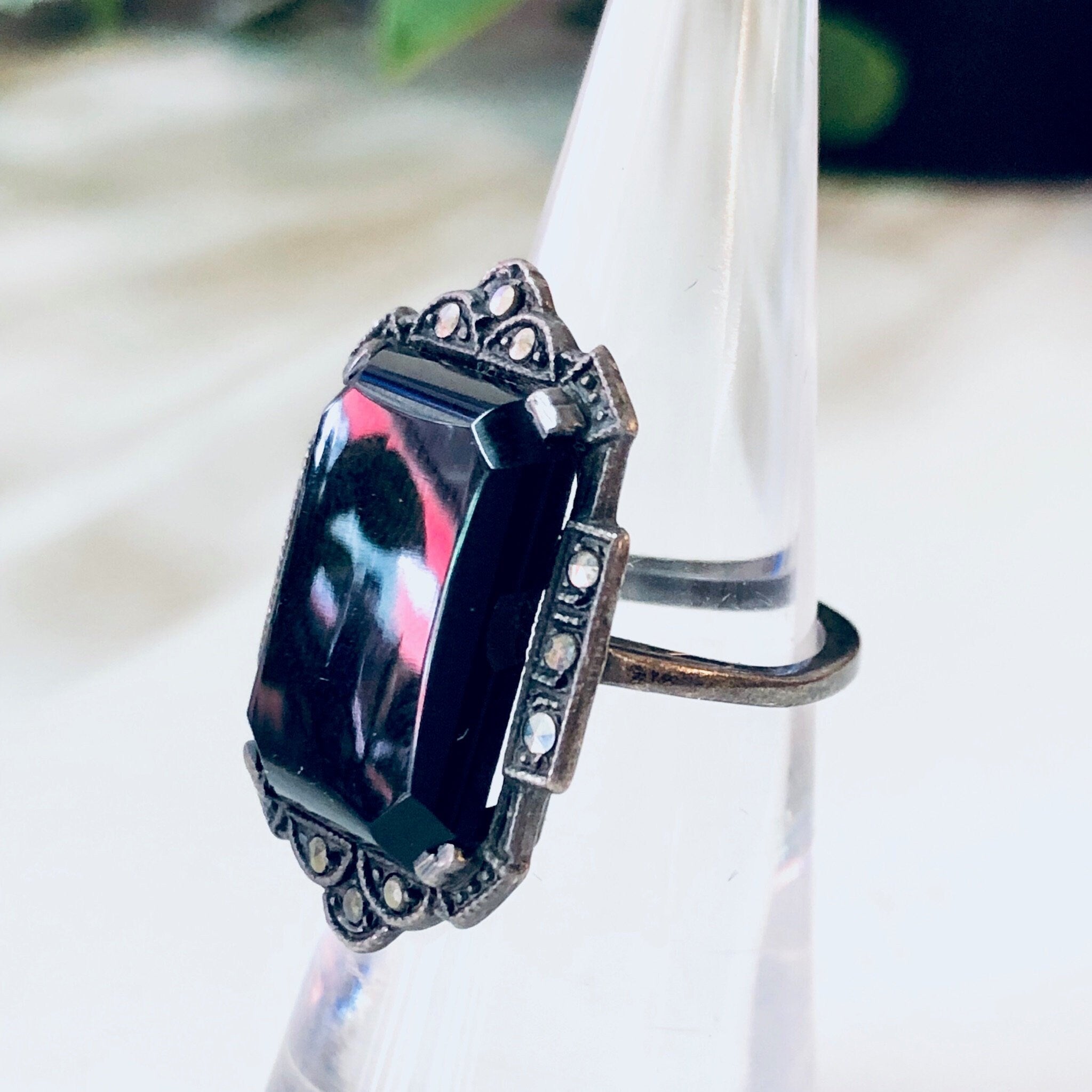 Vintage Silver Ring, Onyx Ring, Marcasite Jewelry, Oxidized Silver, Statement Jewelry, Gothic Style Ring, 925 Ring, Black and Silver, Unique