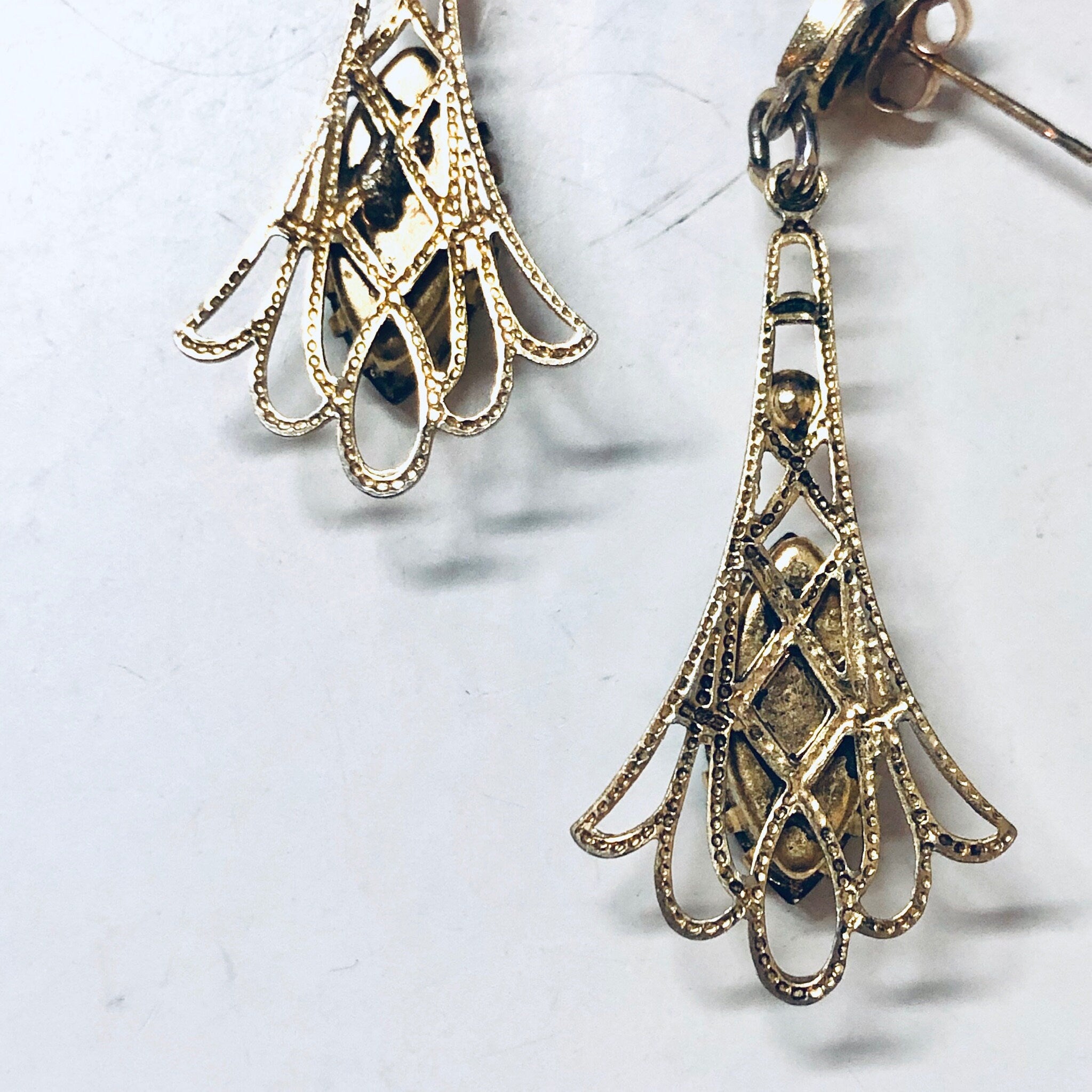 Gold Toned Earrings with Dark Red Stones, Vintage Earrings, Costume Jewelry, Dangle Earrings, Valentines Day Gift, Pierced Ears, Gold, Red