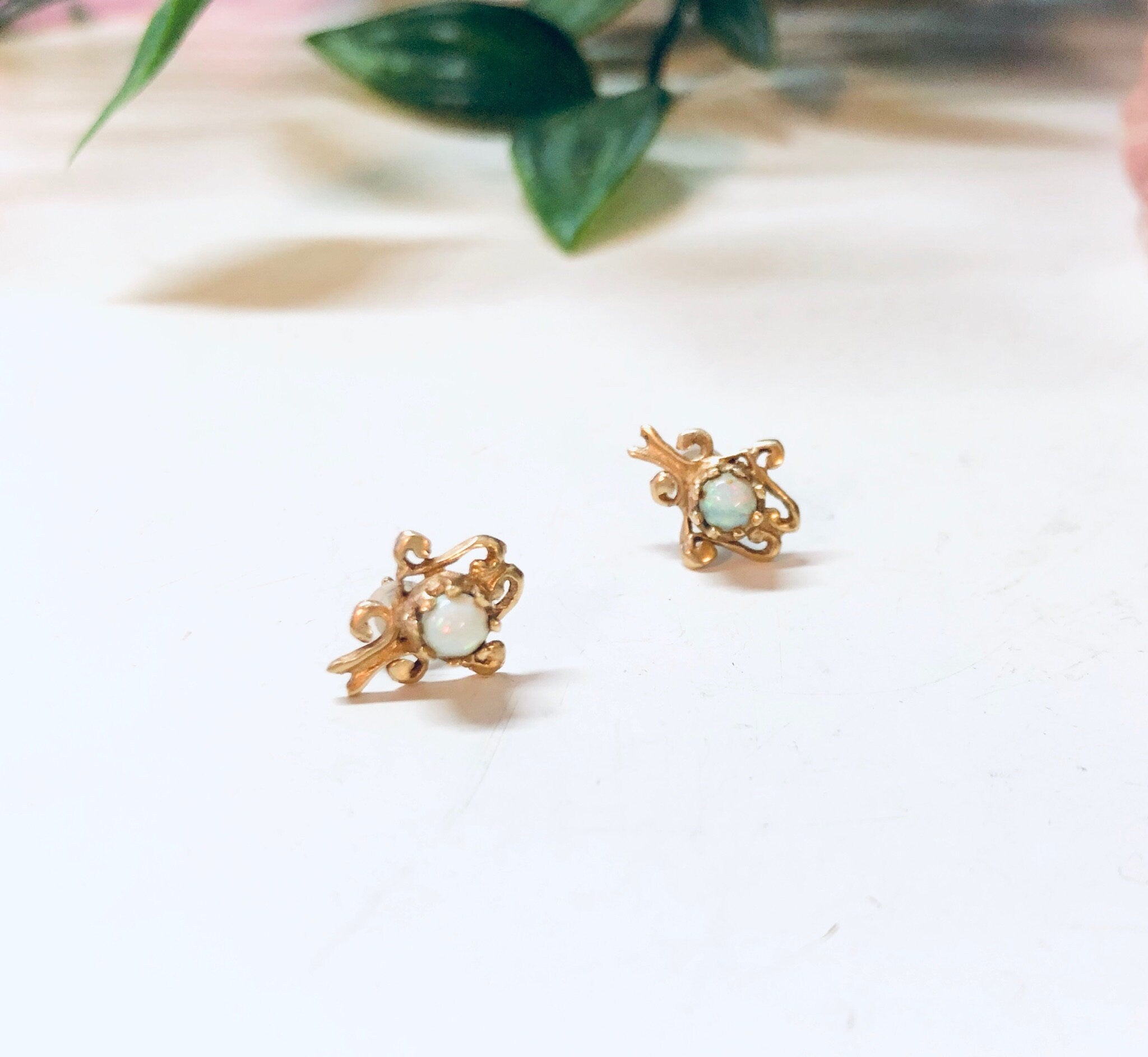 Vintage Gold Earrings, 14K Yellow Gold, 14 Karat Gold, Opal Earrings, Post Earrings, Stud Earrings, October Birthstone, Valentines Day Gift