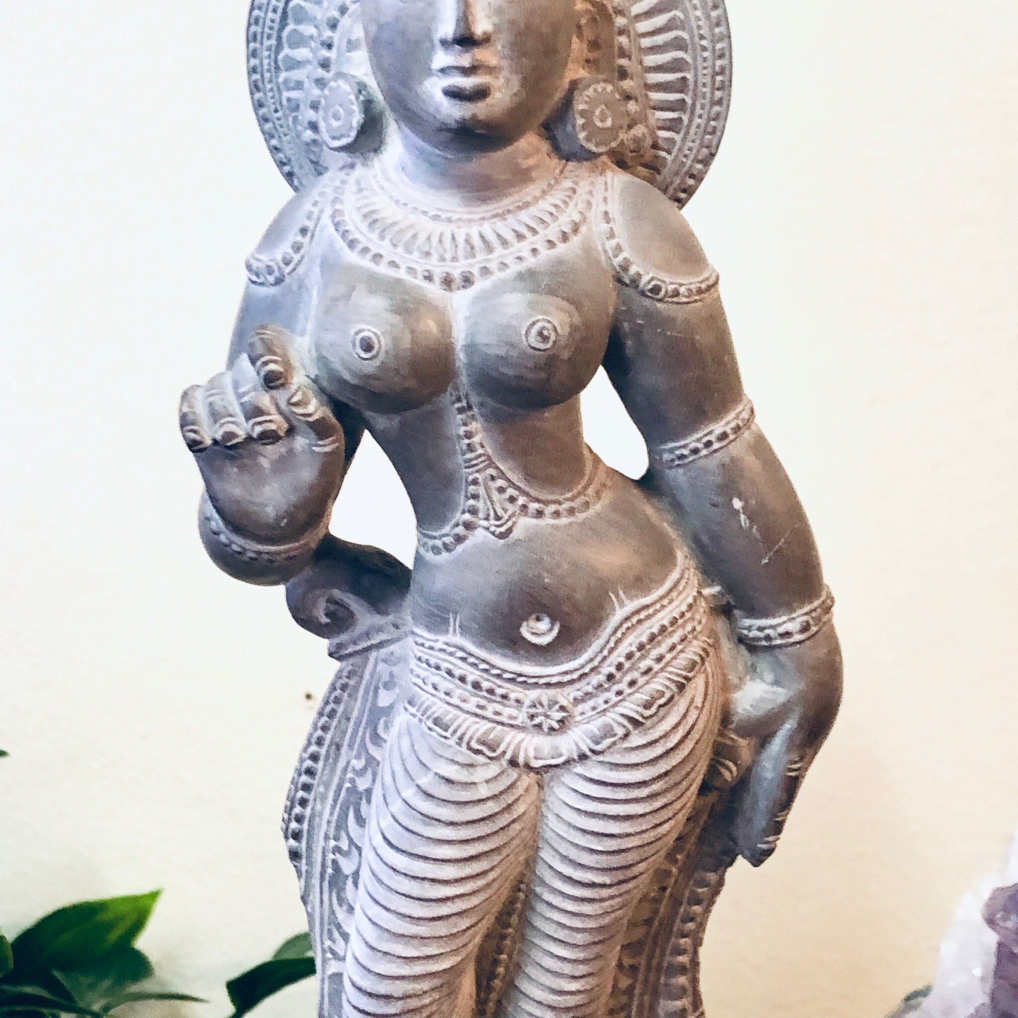 Dancing Goddess Statue, Vintage Home Decor, Pewter Toned Statue, Vintage Figurine, Small Figurine, Dancing Lady, Etched Statue, Stone Carve
