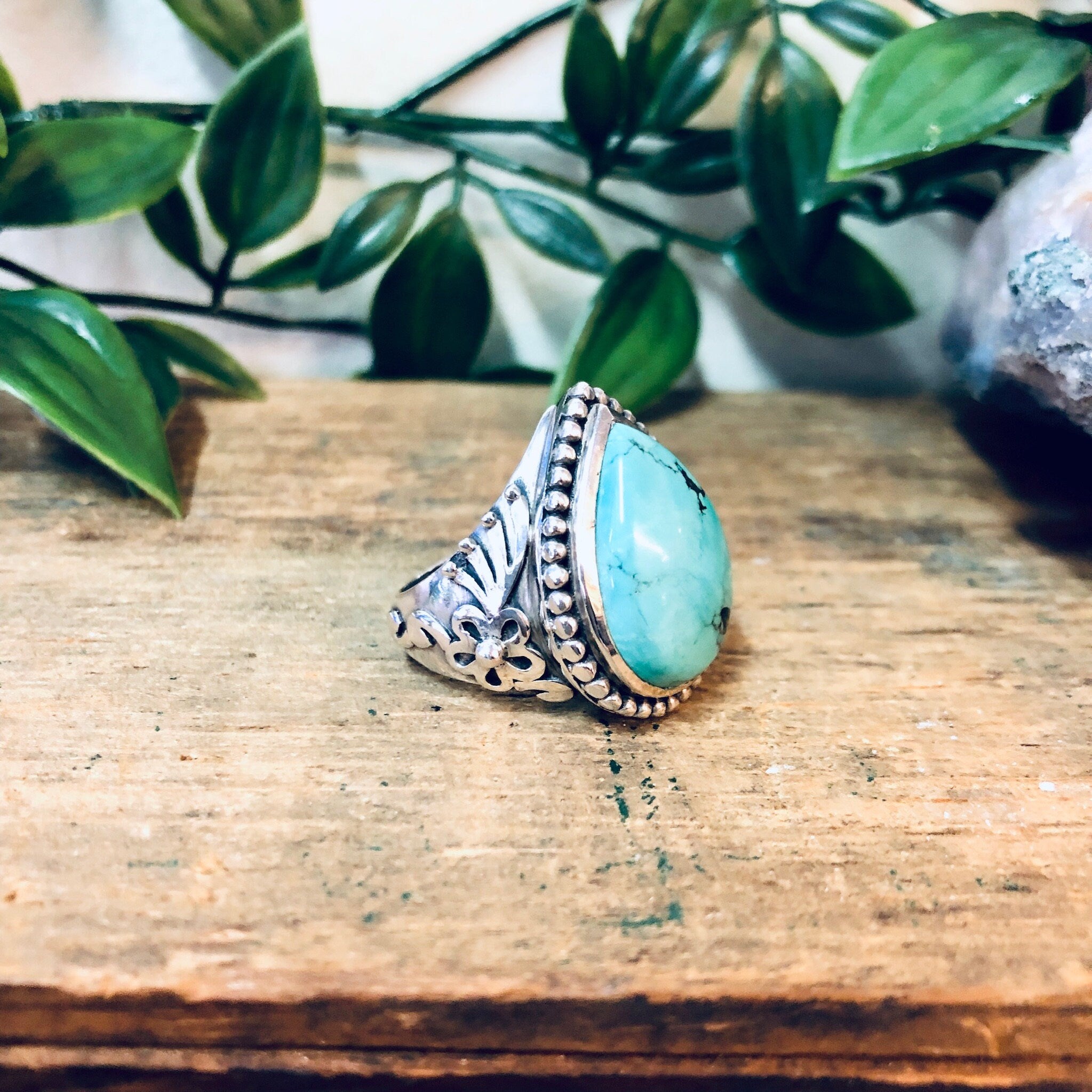 Vintage Silver Ring with Turquoise Stone, Teardrop Shaped Ring, Ornate Jewelry, Vintage Jewelry, Blue, Turquoise, Valentines Day Gift, 925