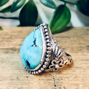 Vintage Silver Ring with Turquoise Stone, Teardrop Shaped Ring, Ornate Jewelry, Vintage Jewelry, Blue, Turquoise, Valentines Day Gift, 925