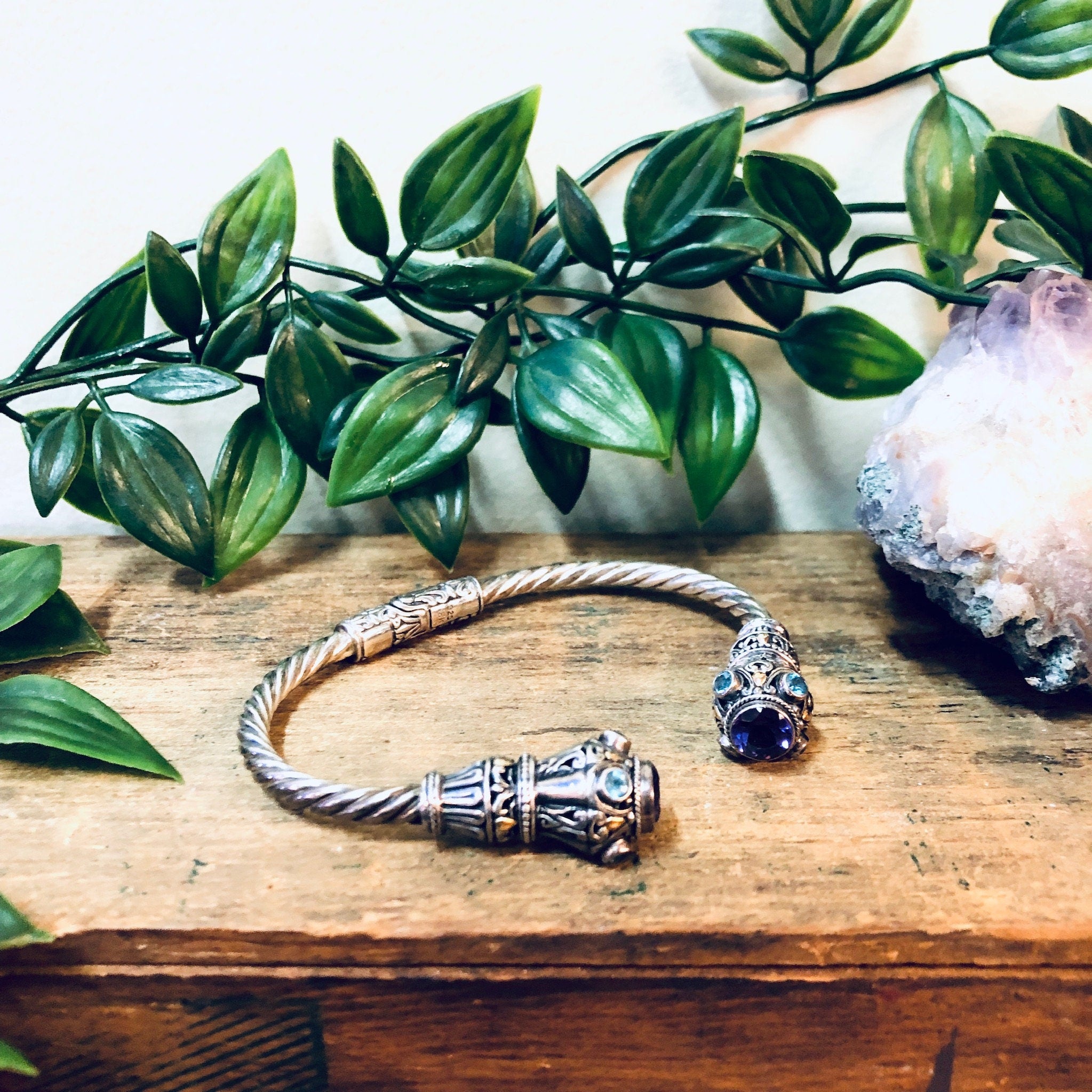 Vintage Silver Bracelet, Vintage Jewelry, Amethyst Bracelet, Unique Jewelry, Valentines Day Gift, 14 K Gold, Blue Stones, Cuff Bracelet