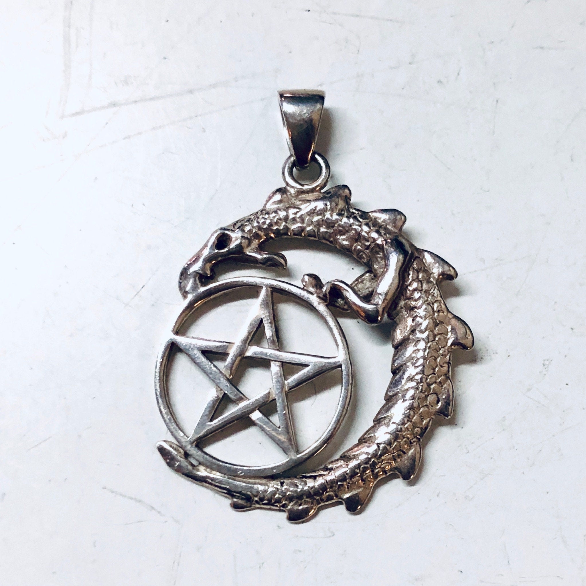 Vintage Pendant, Silver Pendant, Pentagram Necklace, Dragon Pendant, Lizard, Witch Jewelry, Gothic Style, Star, Pentagram, Vintage Jewelry