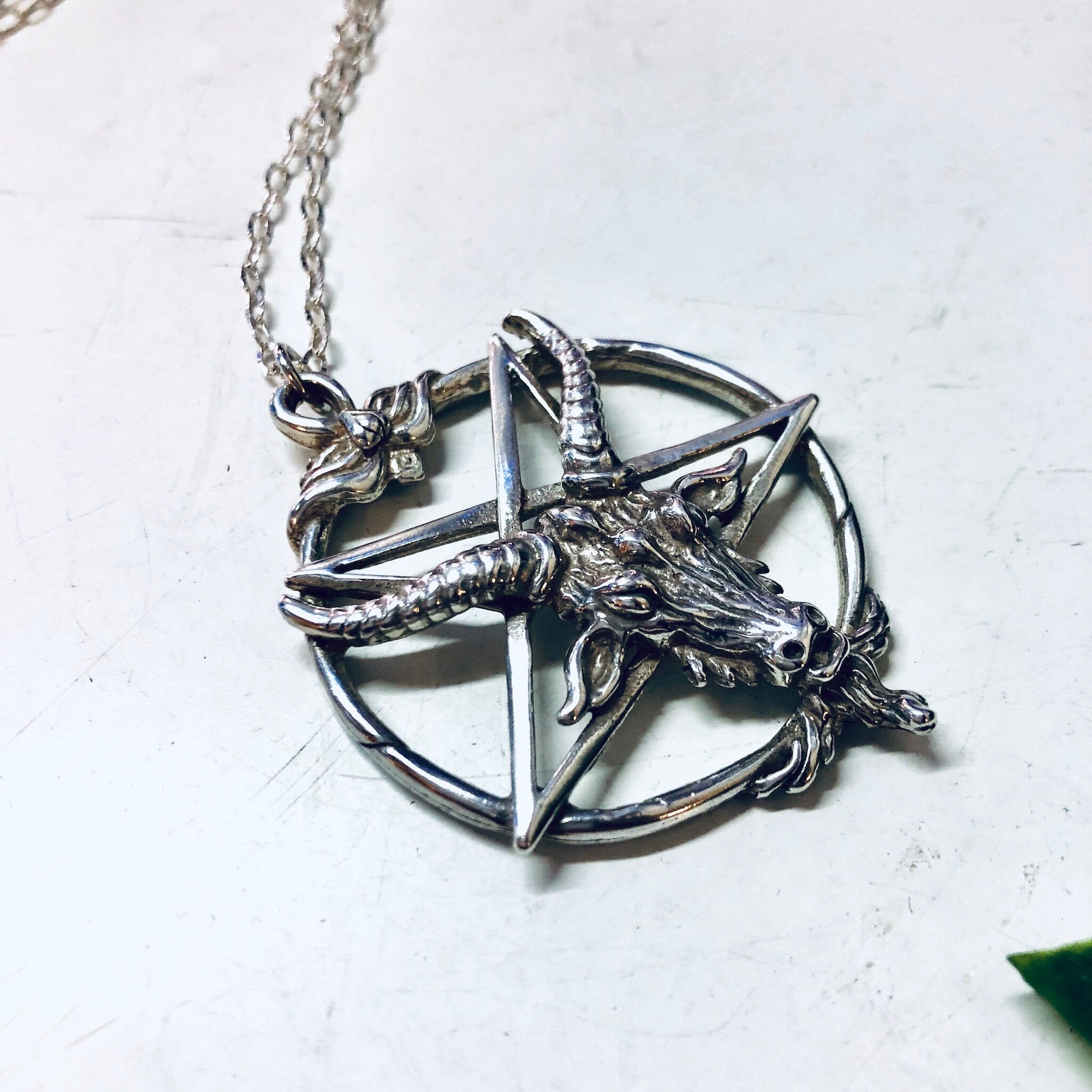 Vintage silver Baphomet goat head pentagram pendant necklace with thin chain, gothic witch jewelry perfect for Valentine's Day gift.