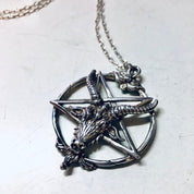 Vintage silver Baphomet pentagram pendant necklace with thin chain, Gothic witch jewelry perfect for Valentine's Day gift.