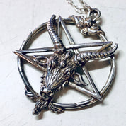 Silver pentagram necklace with Baphomet goat head pendant and thin chain, gothic witch jewelry