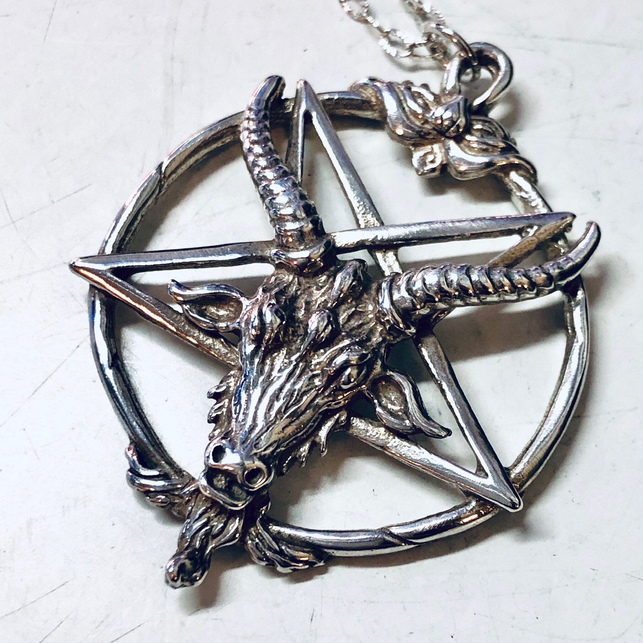 Silver pentagram necklace with Baphomet goat head pendant and thin chain, gothic witch jewelry