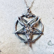 Vintage silver Baphomet goat head pentagram pendant necklace with skinny chain, gothic witch jewelry perfect for Valentines Day.