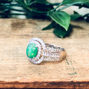 Vintage Silver Ring, Green Stone, Opalescent Stone, Faux Diamond Ring, Statement Jewelry, Vintage Jewelry, Green and Silver, Sparkly Ring