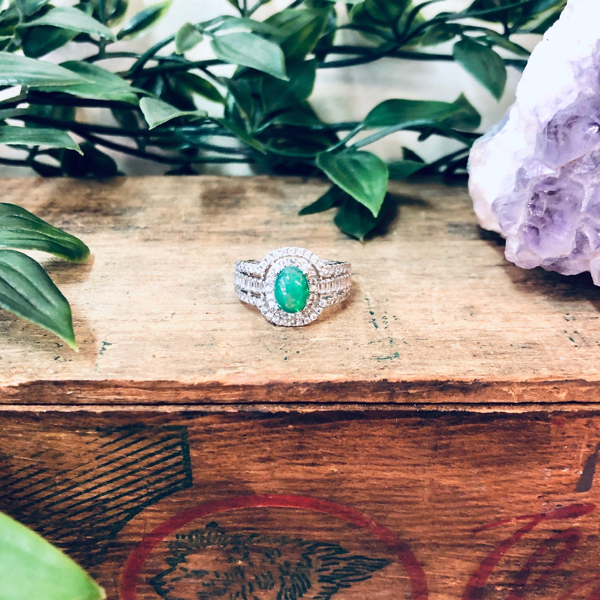 Vintage Silver Ring, Green Stone, Opalescent Stone, Faux Diamond Ring, Statement Jewelry, Vintage Jewelry, Green and Silver, Sparkly Ring